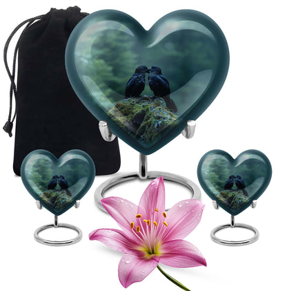 Heart-shaped crow cremation urn