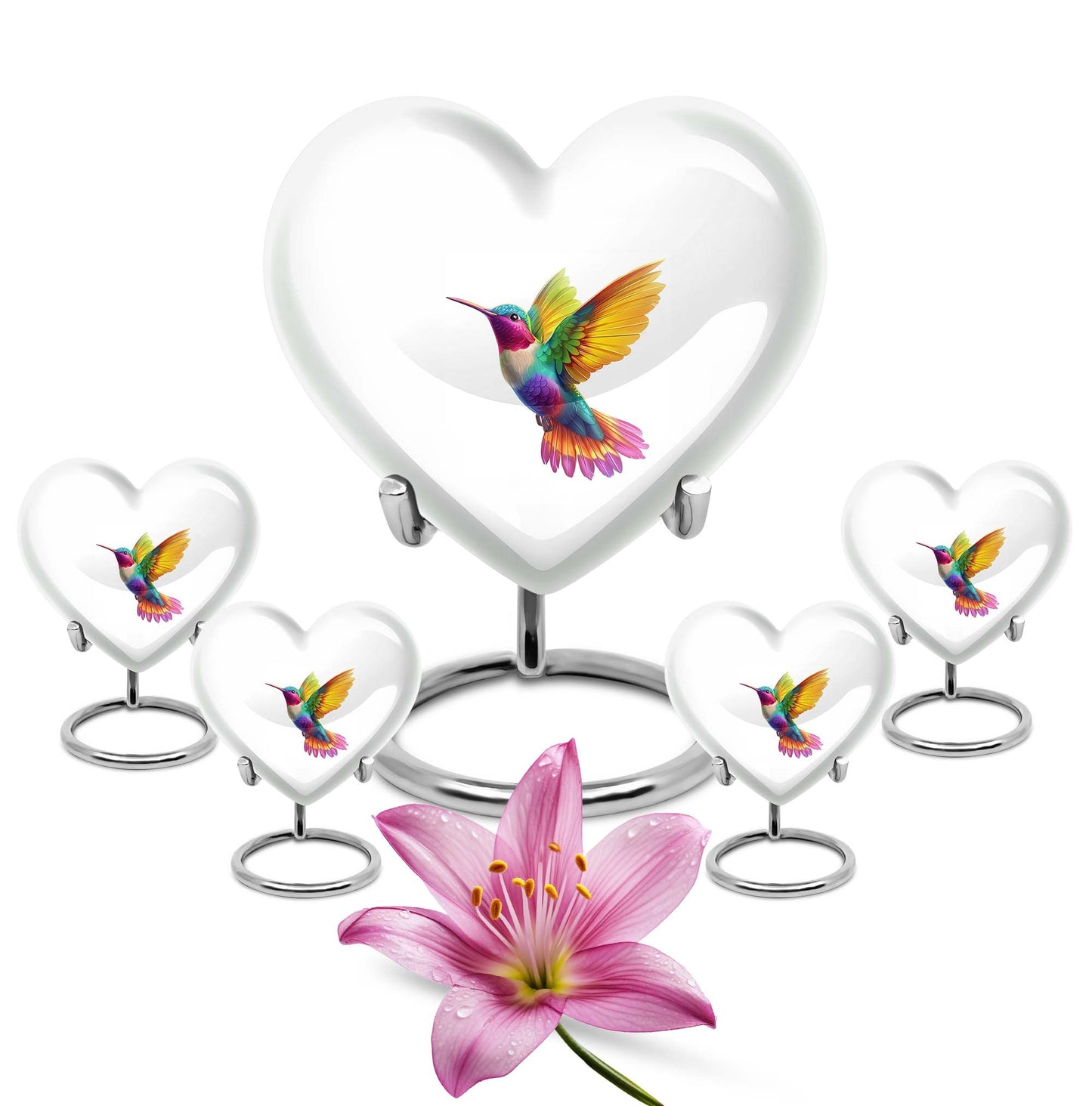 Heart shaped humming bird urn, funeral cremation urn