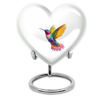 Heart shaped humming bird urn, funeral cremation urn