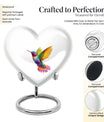 Heart shaped humming bird urn, funeral cremation urn