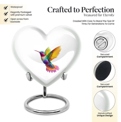 Heart shaped humming bird urn, funeral cremation urn