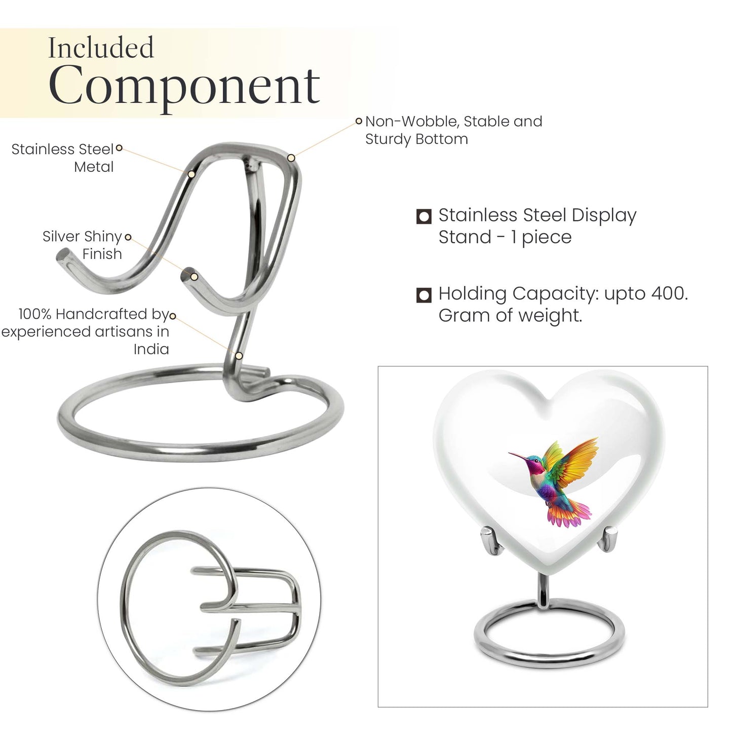 Heart shaped humming bird urn, funeral cremation urn