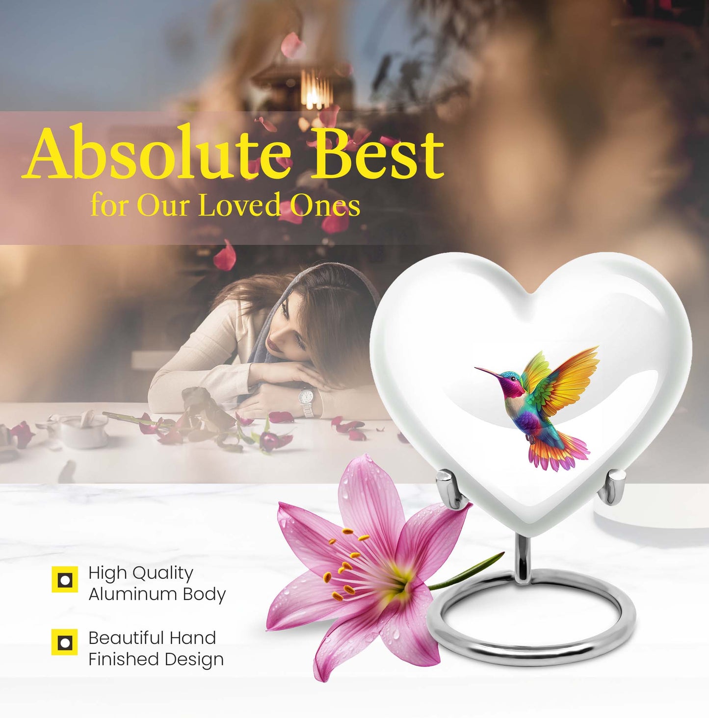 Heart shaped humming bird urn, funeral cremation urn