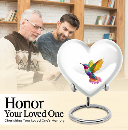 Heart shaped humming bird urn, funeral cremation urn