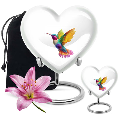 Heart shaped humming bird urn, funeral cremation urn