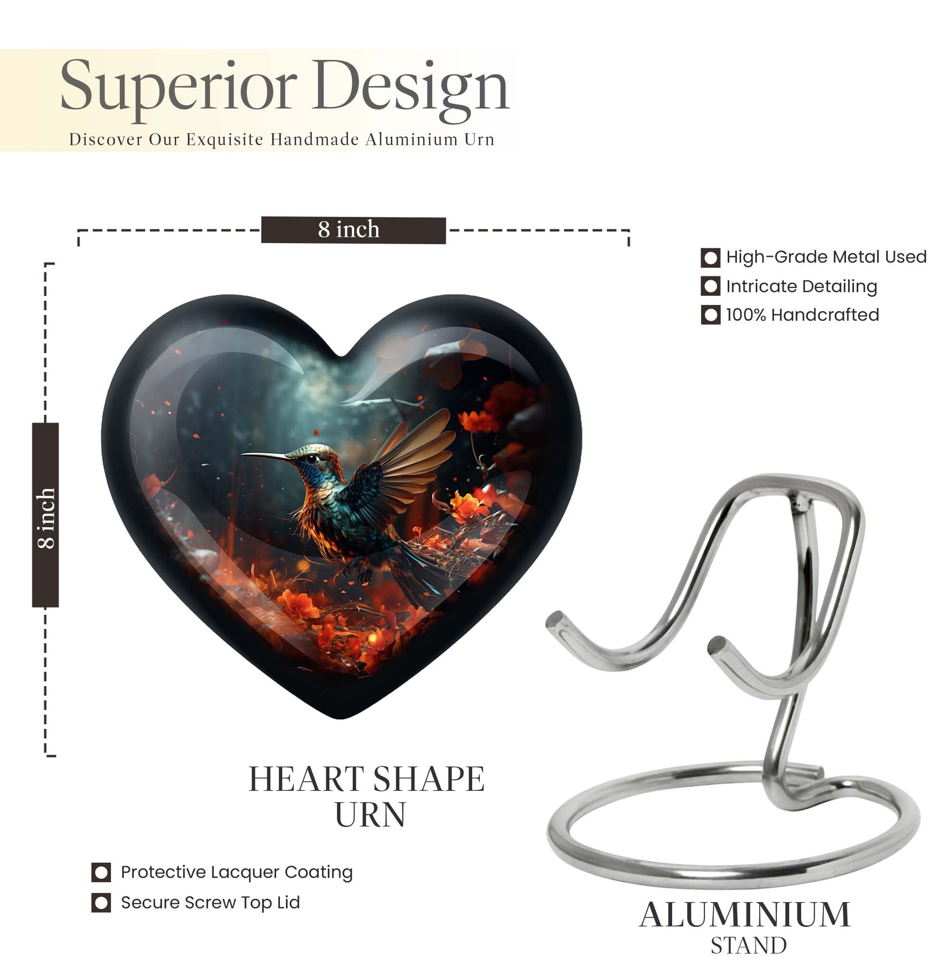 10-inch heart-shaped hummingbird urn