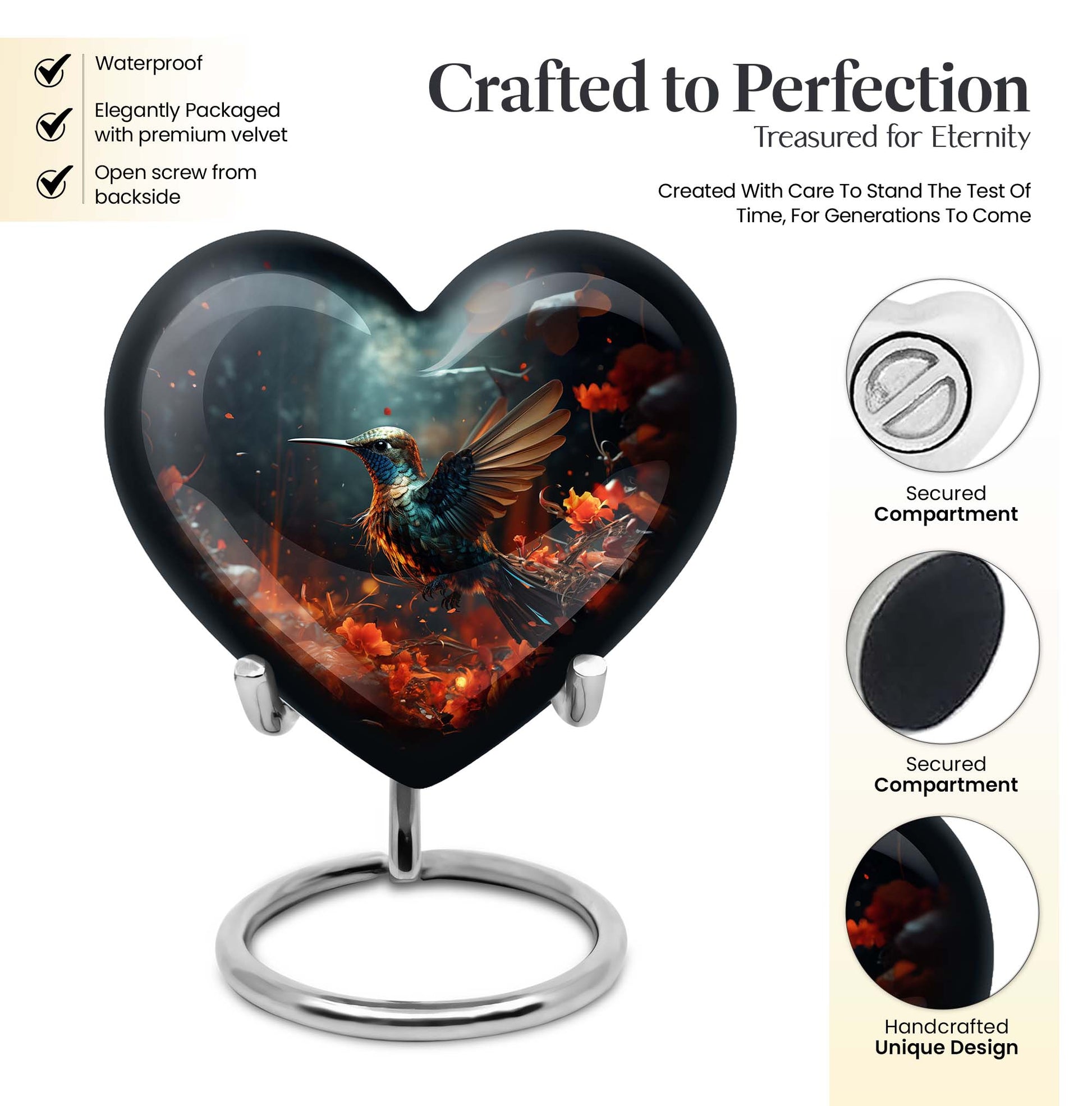 10-inch heart-shaped hummingbird urn
