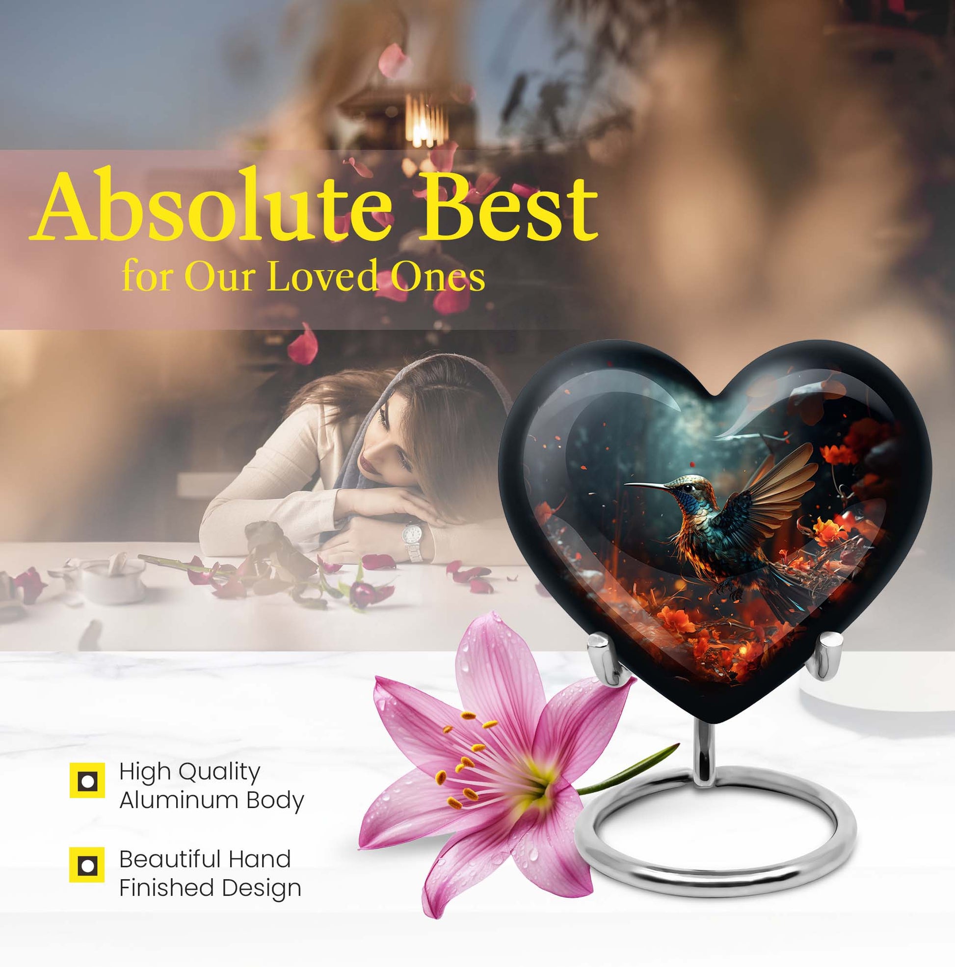 10-inch heart-shaped hummingbird urn