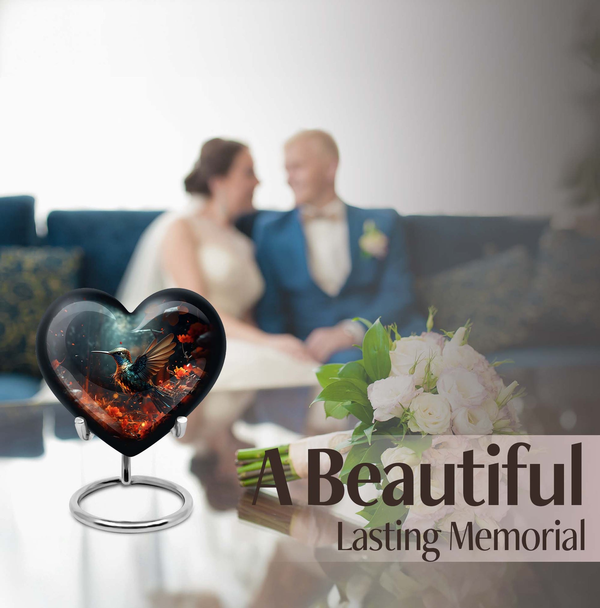 10-inch heart-shaped hummingbird urn