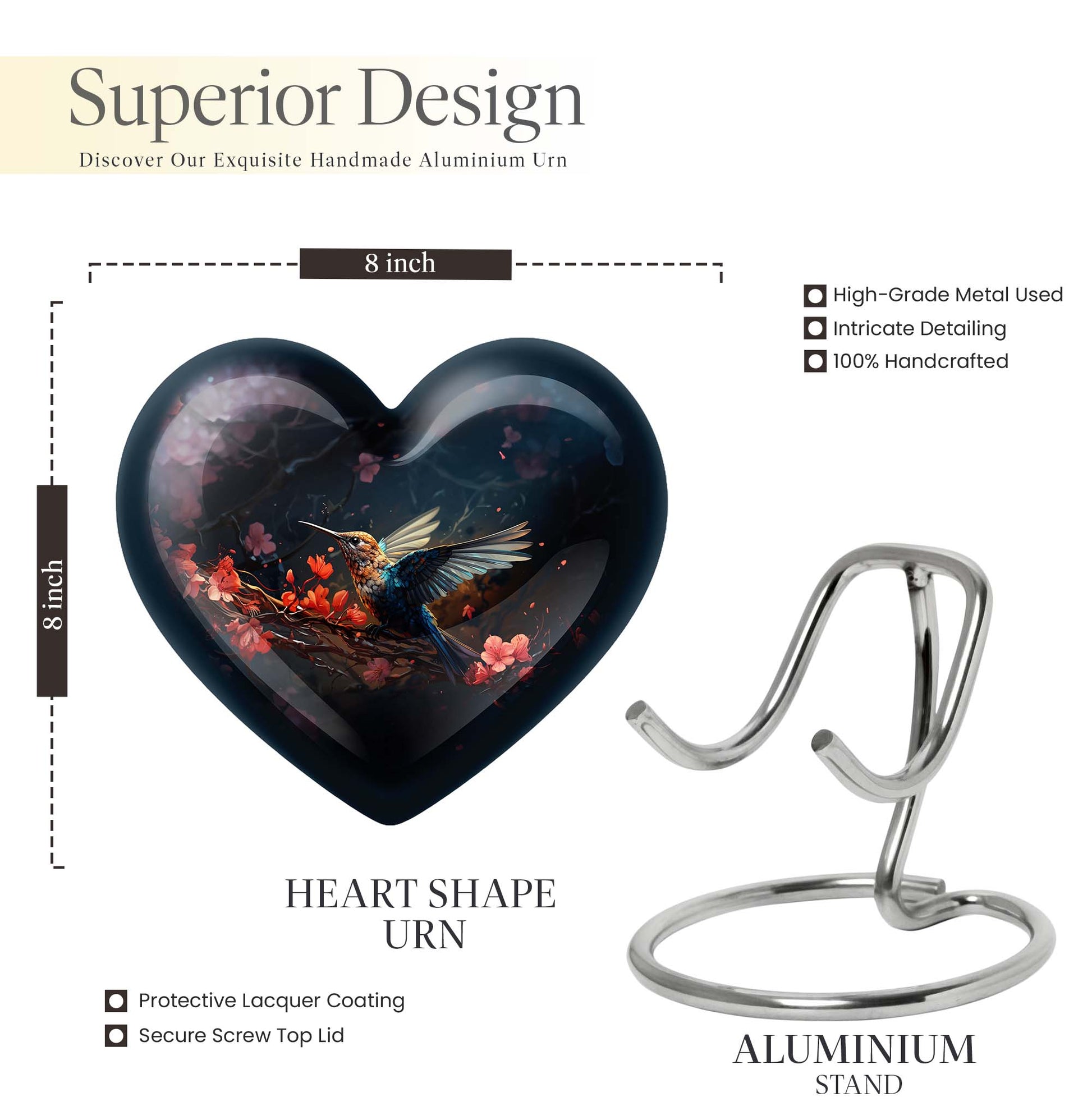 10-inch humming bird urn, heart-designed cremation