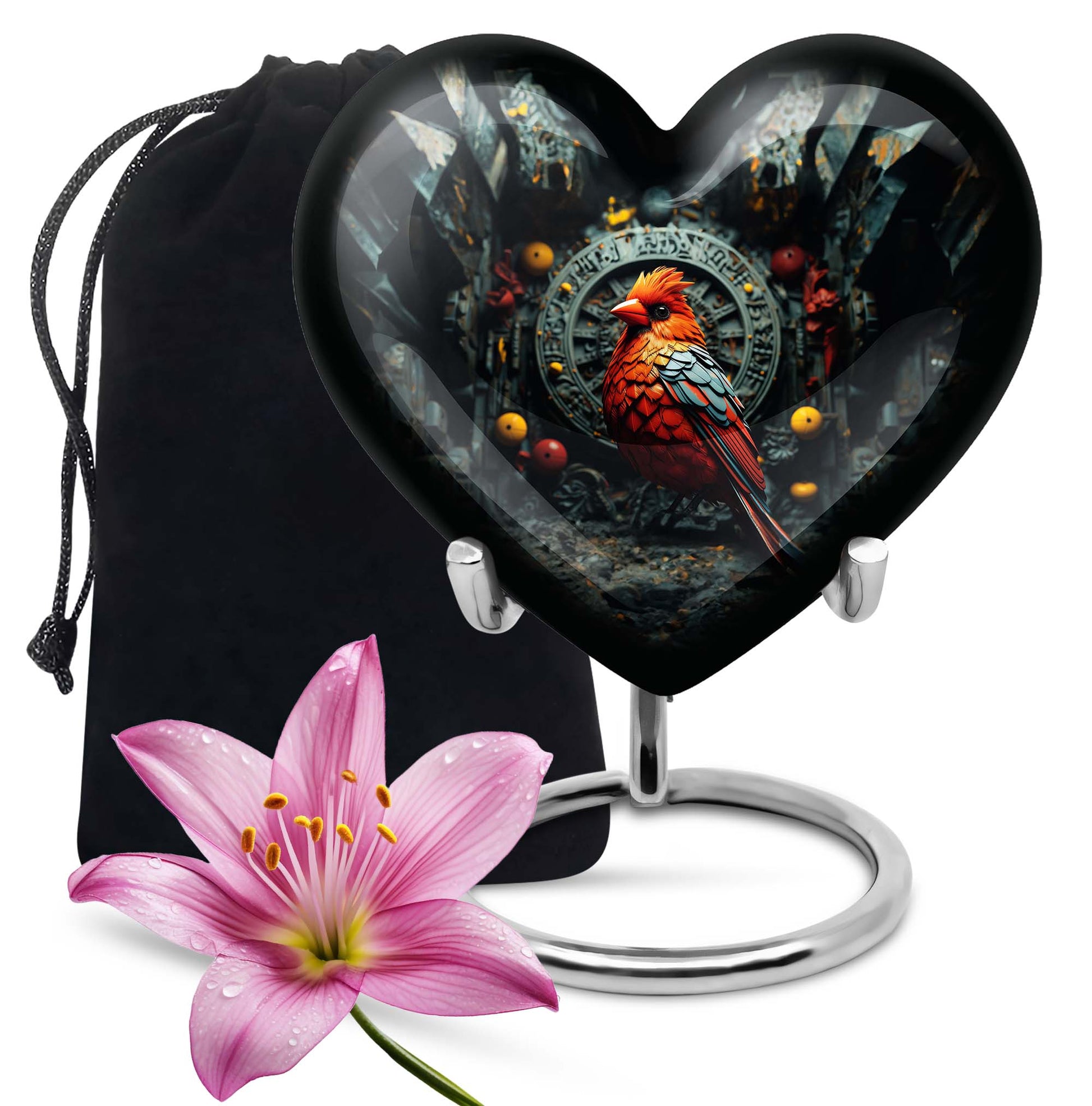 Heart design Cardinal Bird Urn for human ashes
