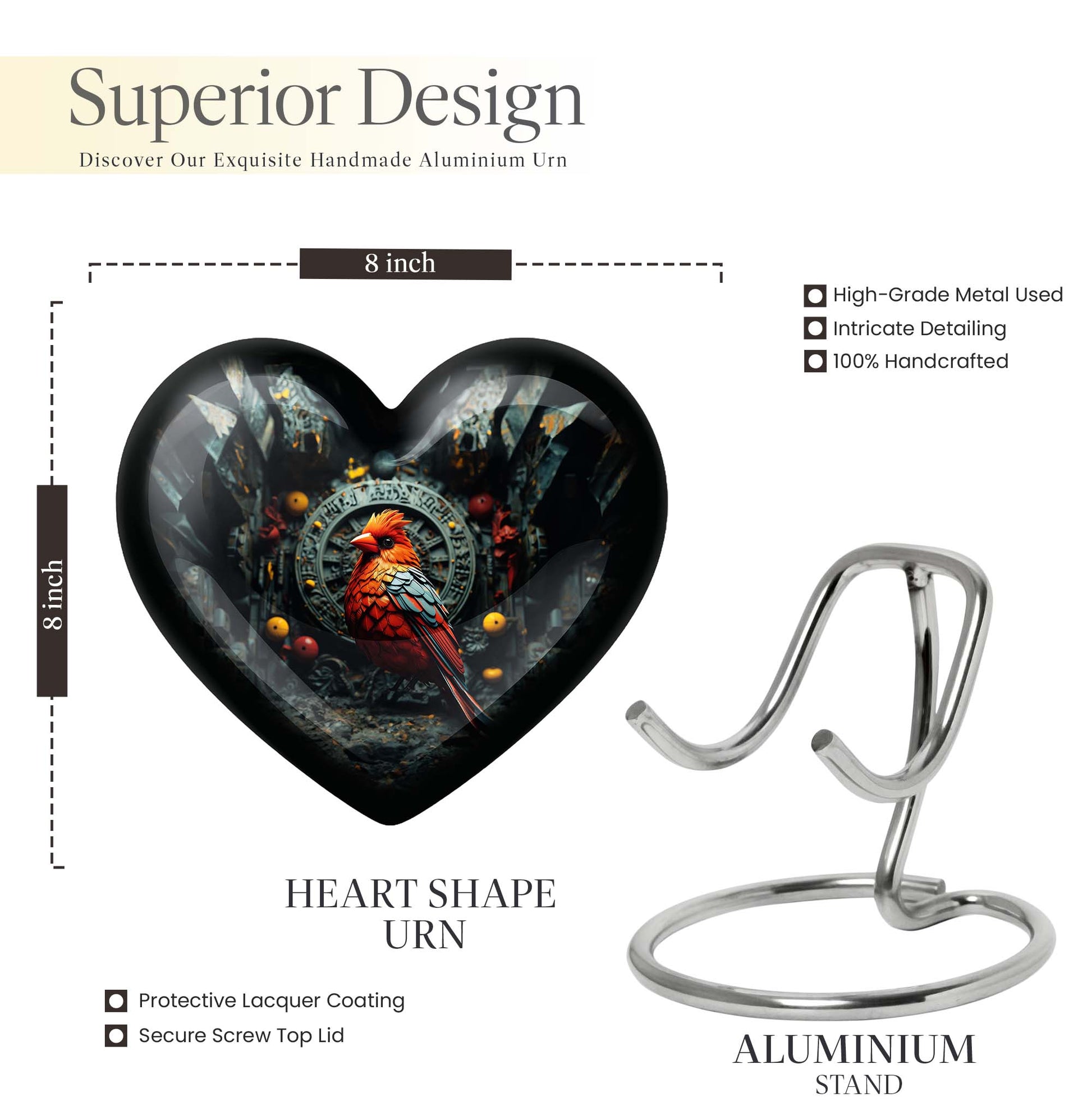 Heart design Cardinal Bird Urn for human ashes