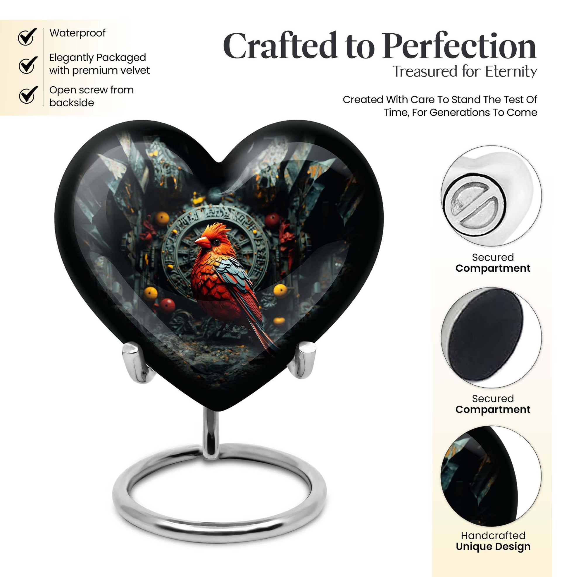 Heart design Cardinal Bird Urn for human ashes
