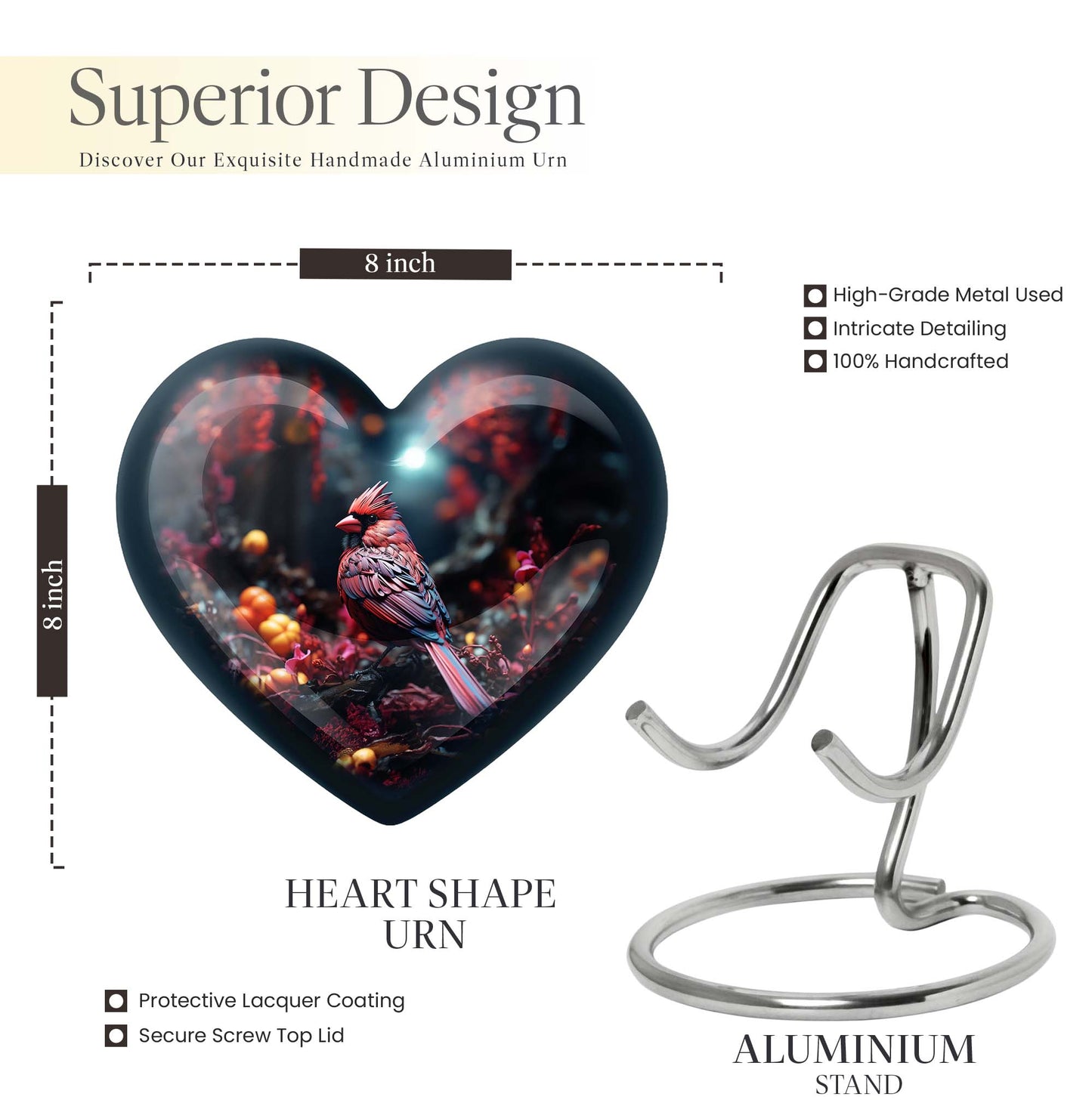 Heart Design Cardinal Bird Urn for adult ashes