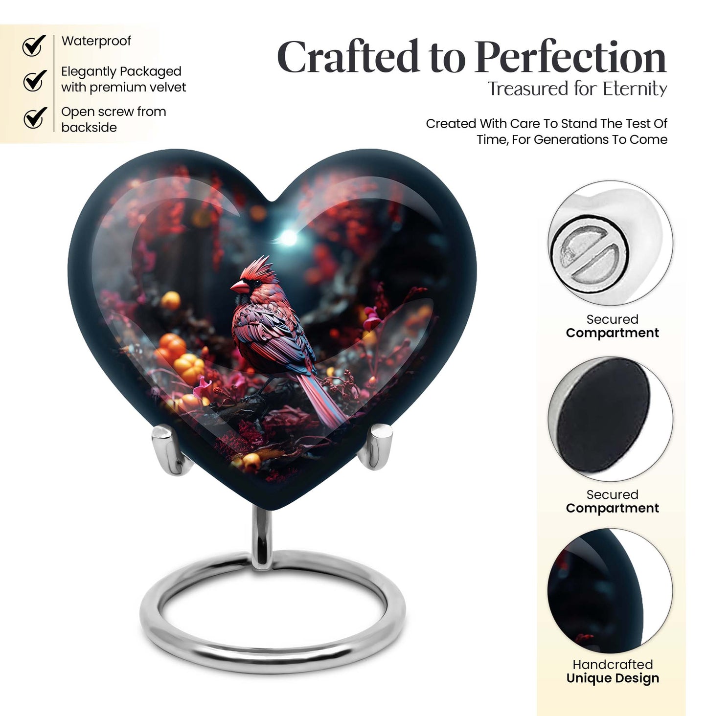 Heart Design Cardinal Bird Urn for adult ashes
