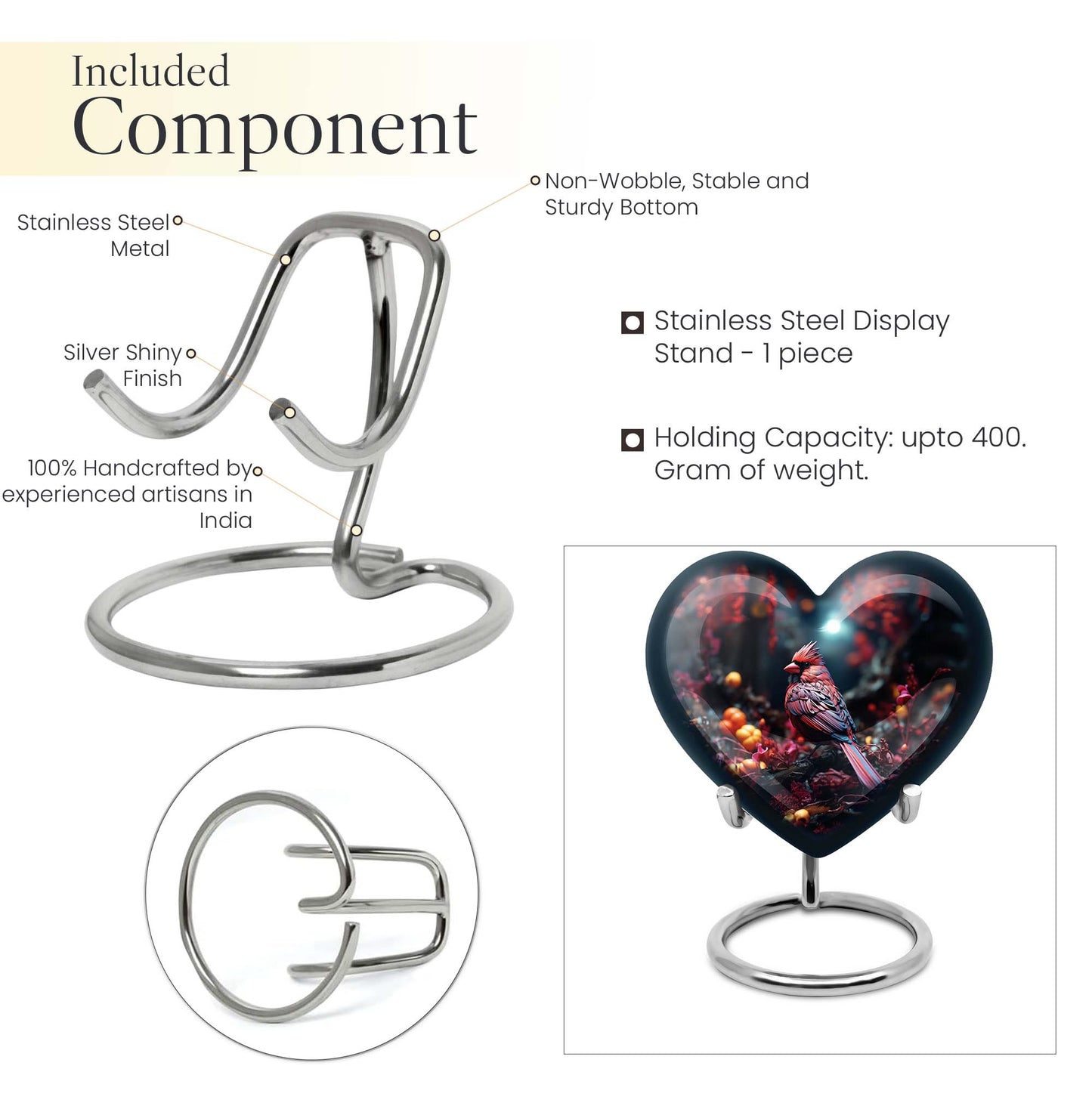 Heart Design Cardinal Bird Urn for adult ashes