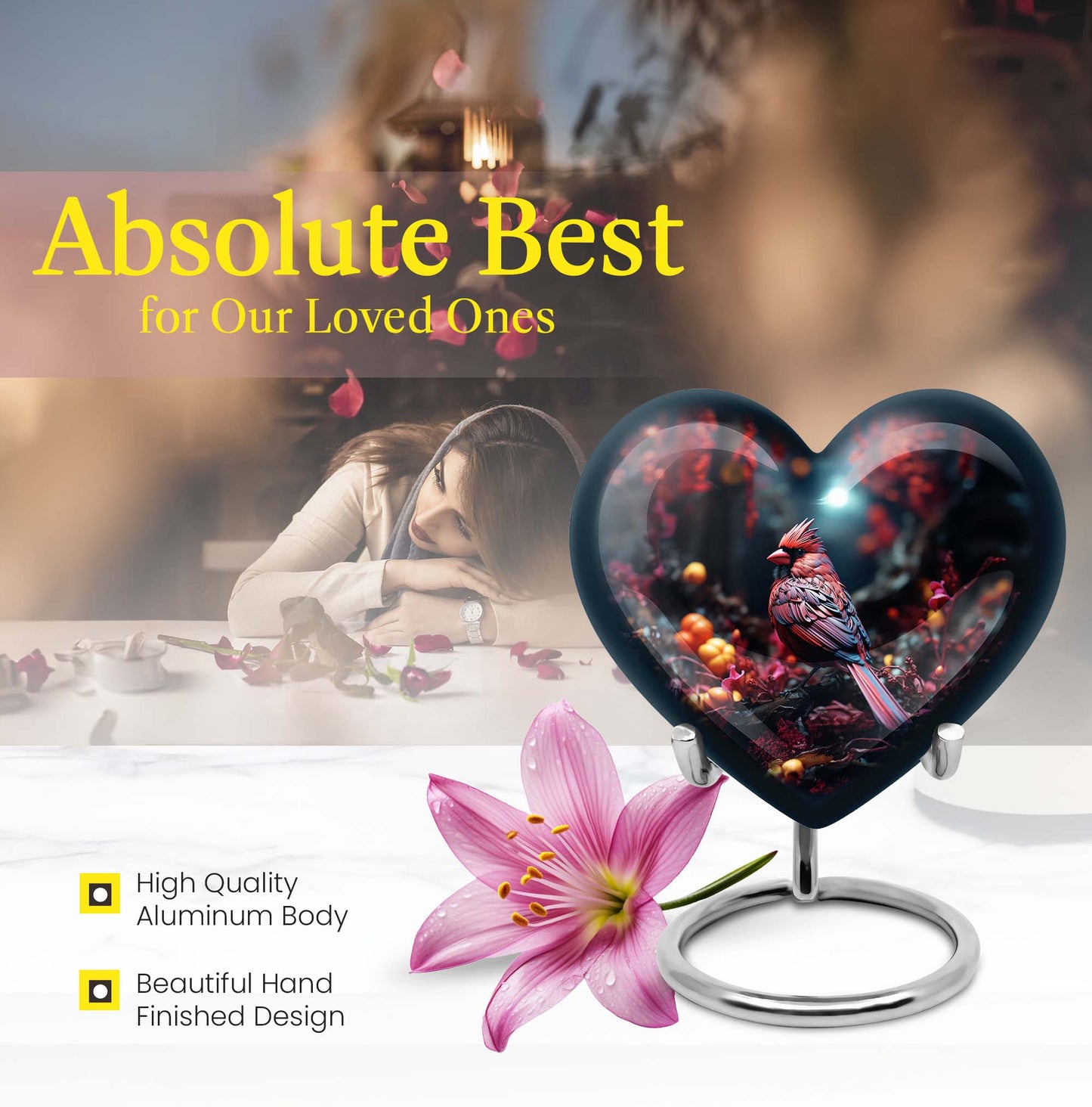 Heart Design Cardinal Bird Urn for adult ashes