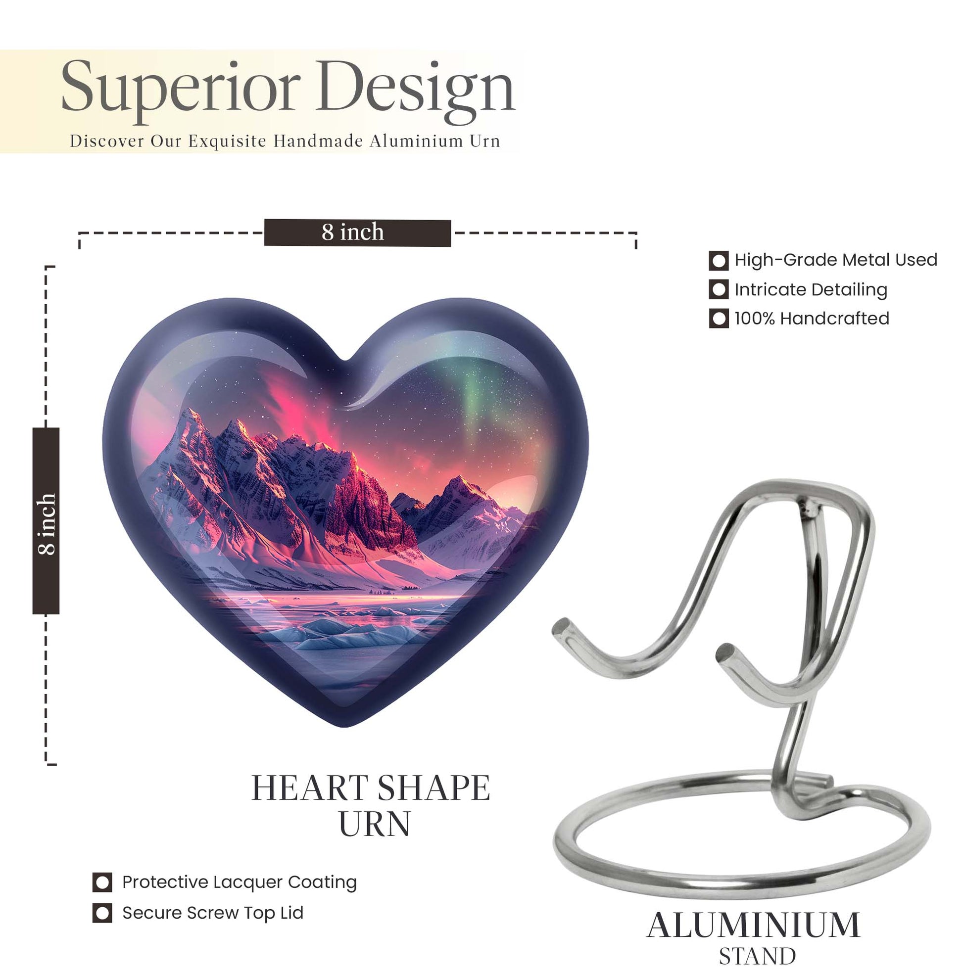 10-inch AURORA Heart-shaped burial urn for adults ashes 