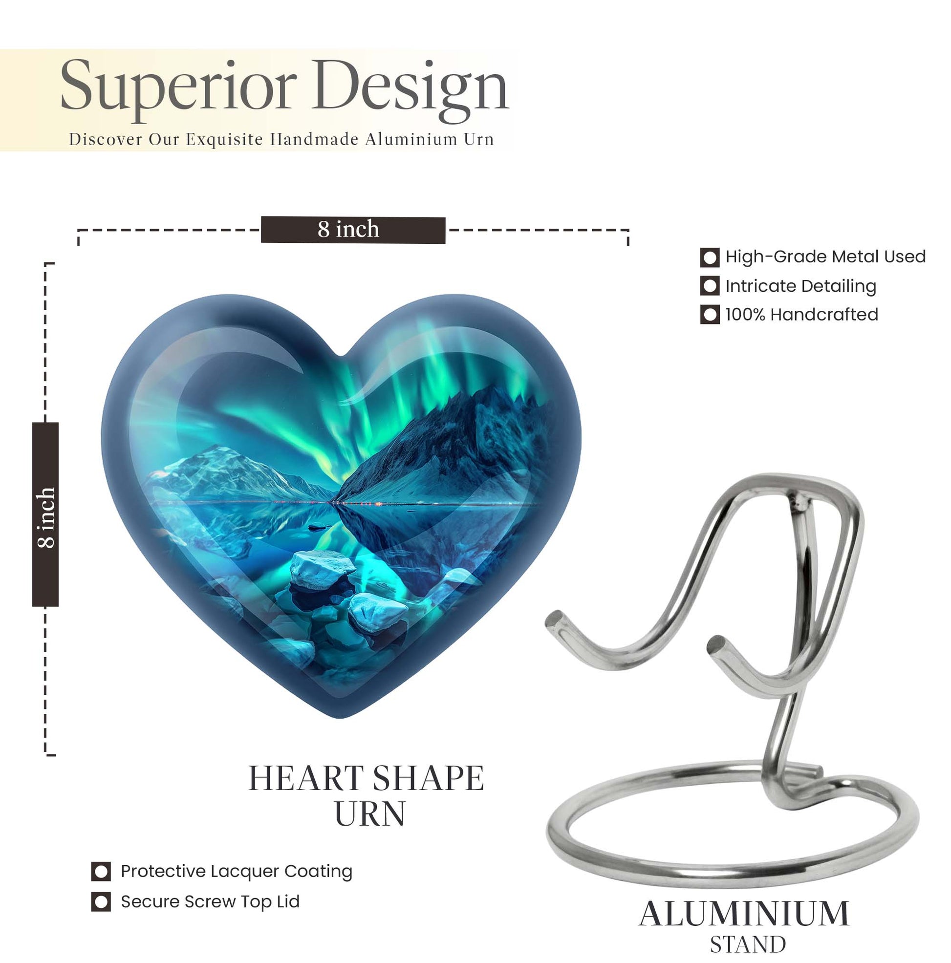 10-inch AURORA urn, heart-designed memorial medium 