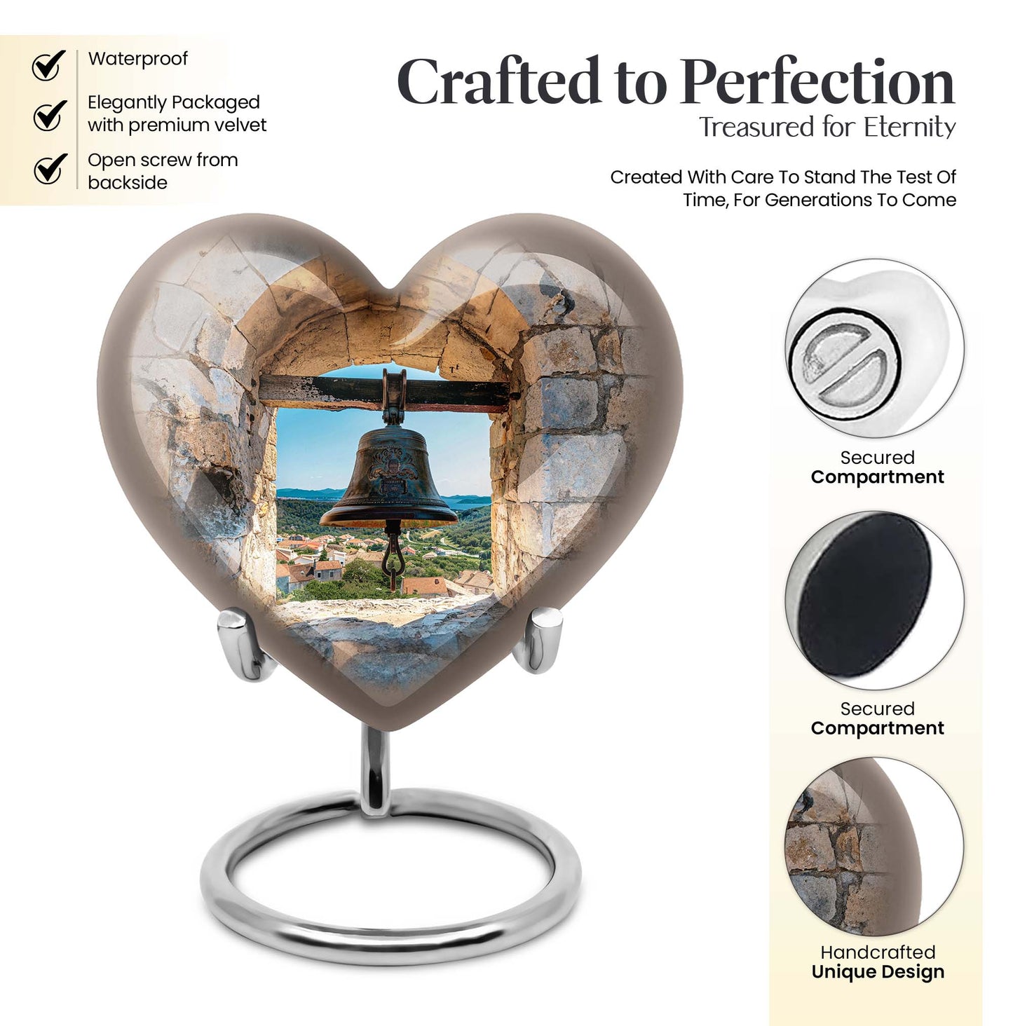 Heart-shaped, large aluminum Bell Urn for cremation ashes, 