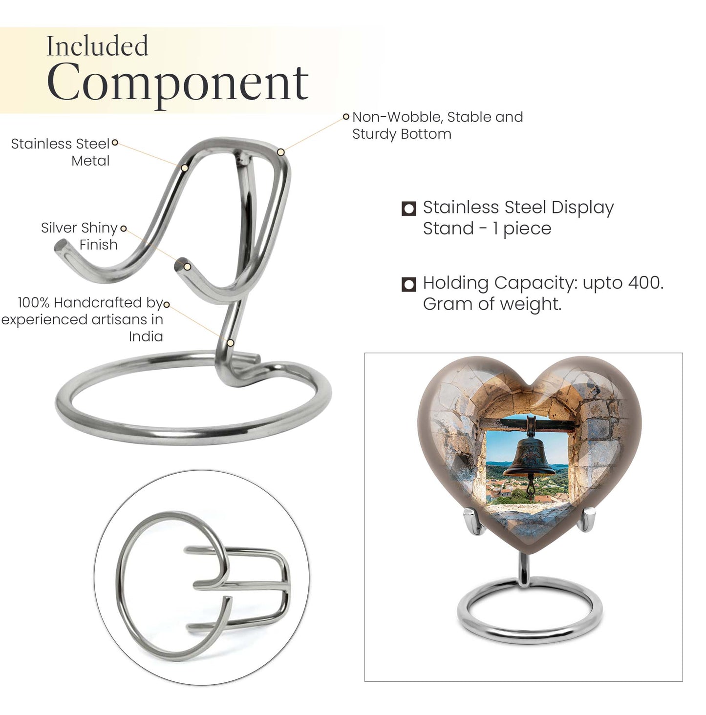 Heart-shaped, large aluminum Bell Urn for cremation ashes, 