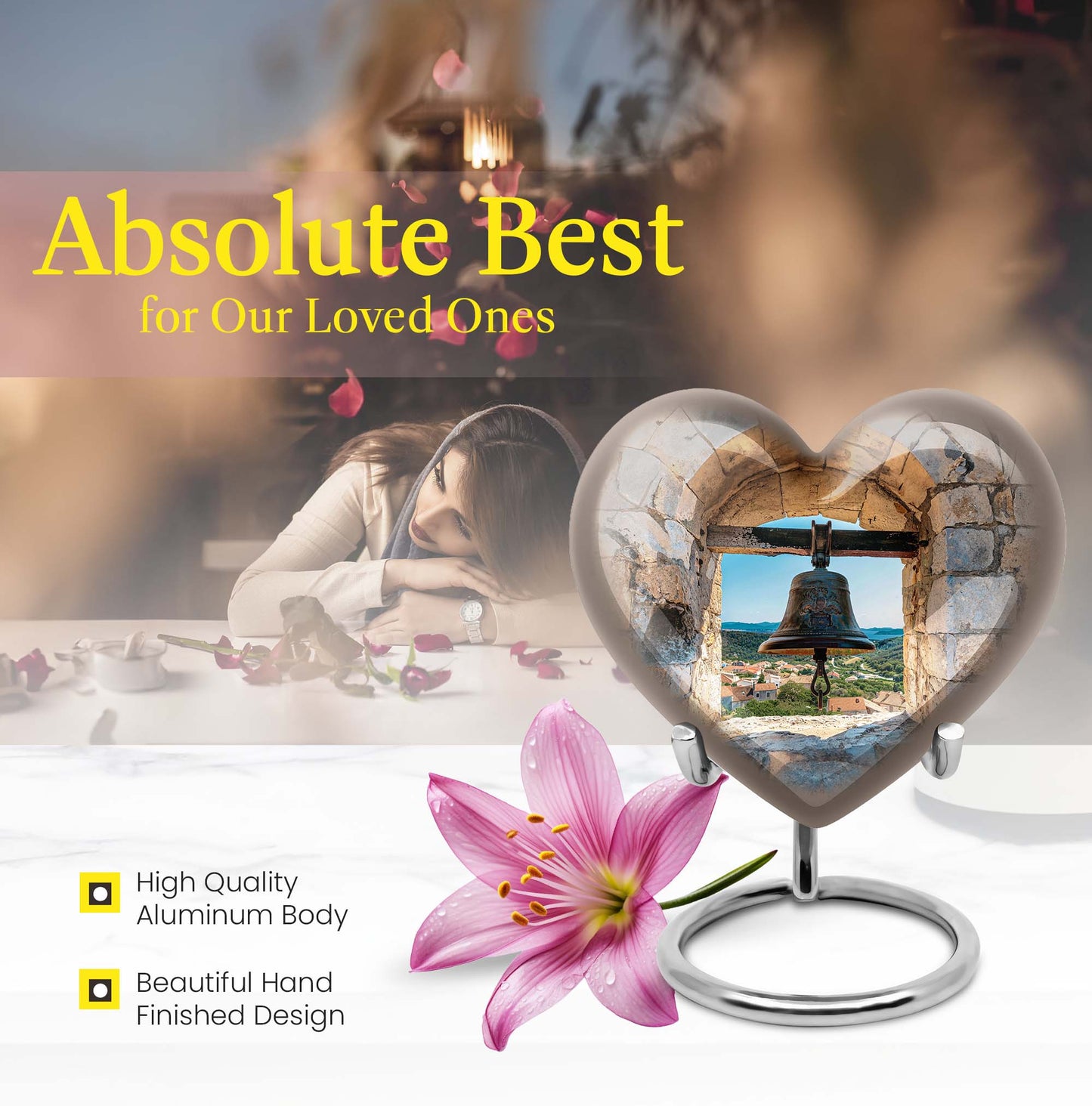 Heart-shaped, large aluminum Bell Urn for cremation ashes, 