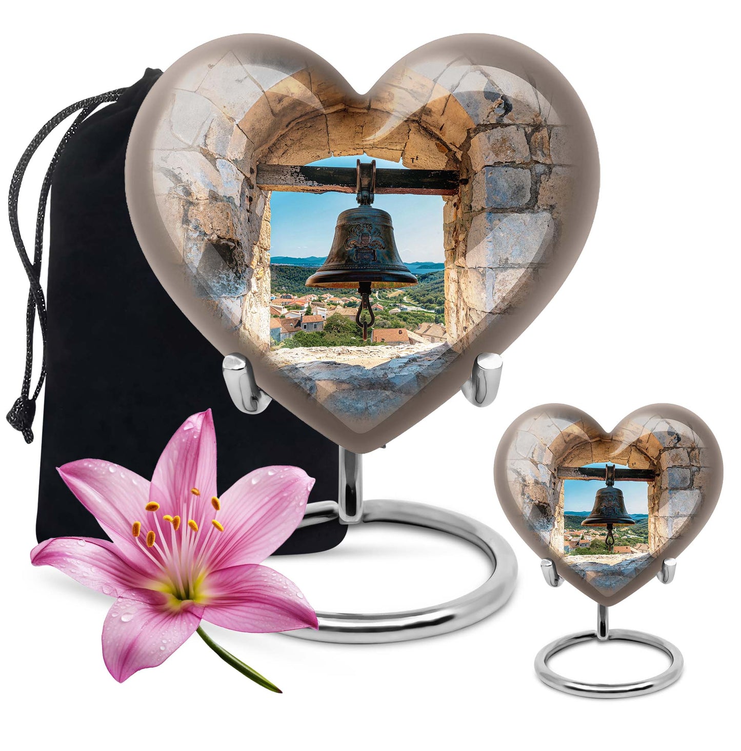 Heart-shaped, large aluminum Bell Urn for cremation ashes, 