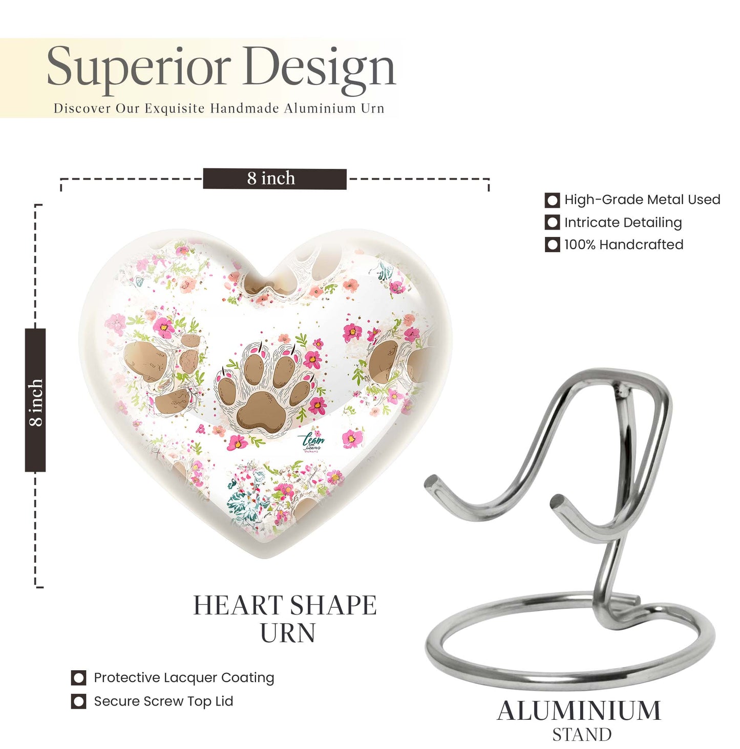 10-inch PAWS Urn, heart-shaped funeral urn for mom