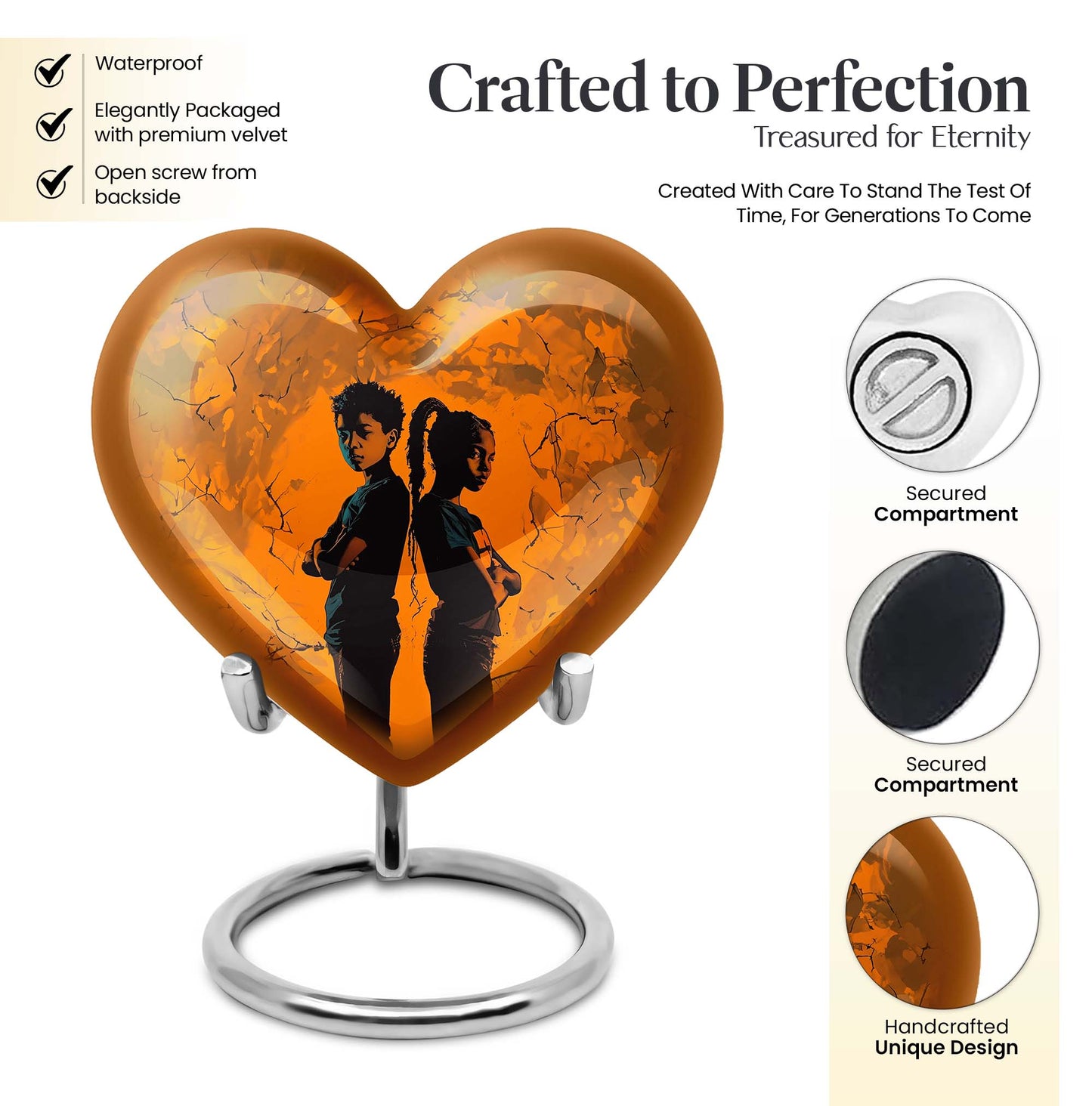 10-inch heart-shaped brother and sister urn for adult ashes, customizable with engraving