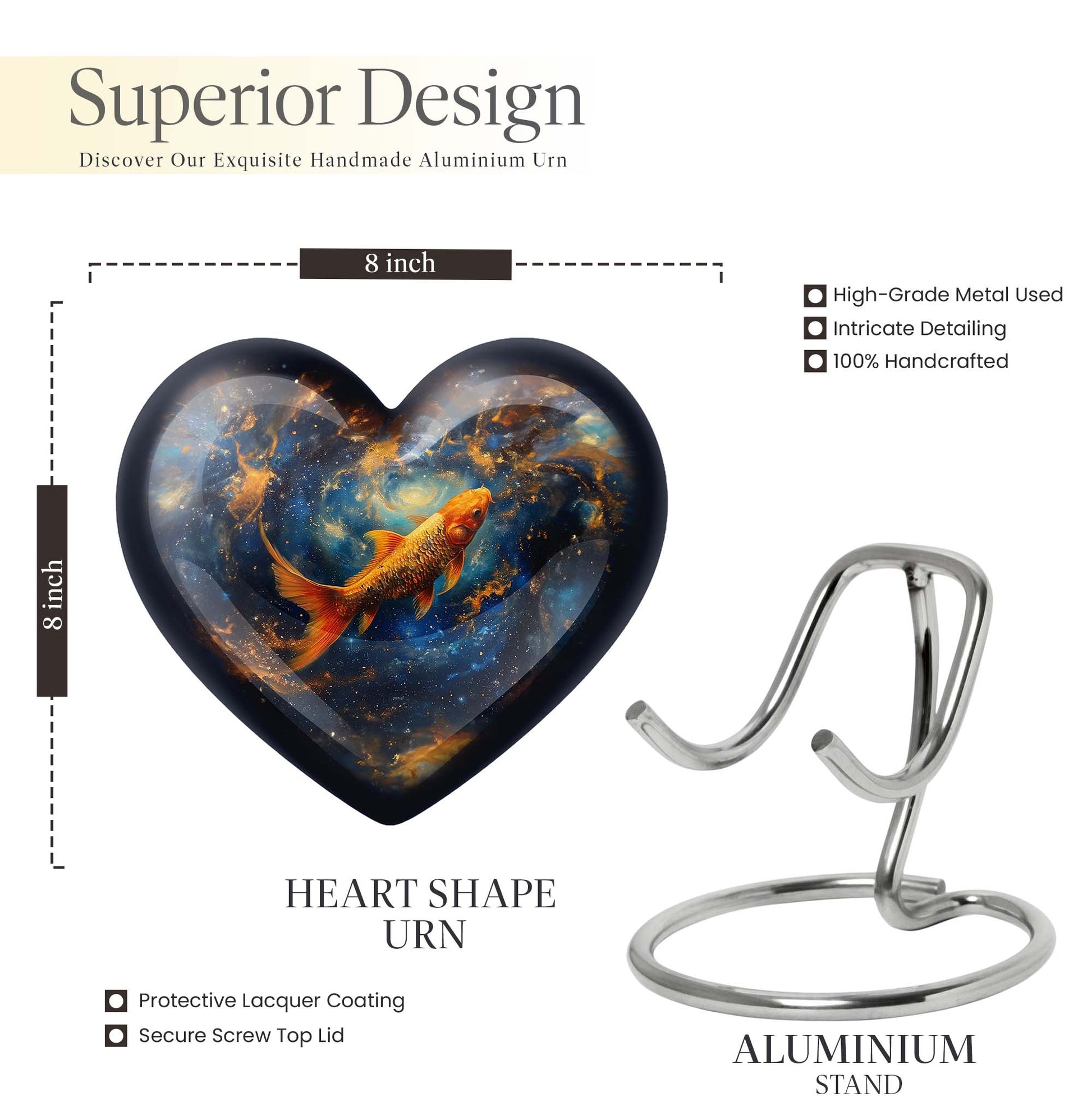 10 inch heart-shaped fish urn made of aluminium