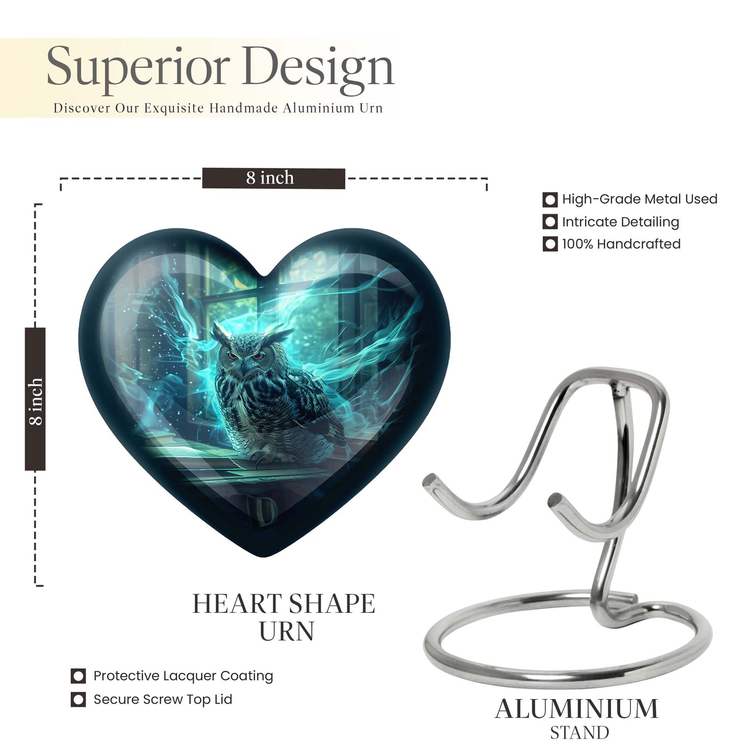 10-inch heart design owl urn, large cremation urn