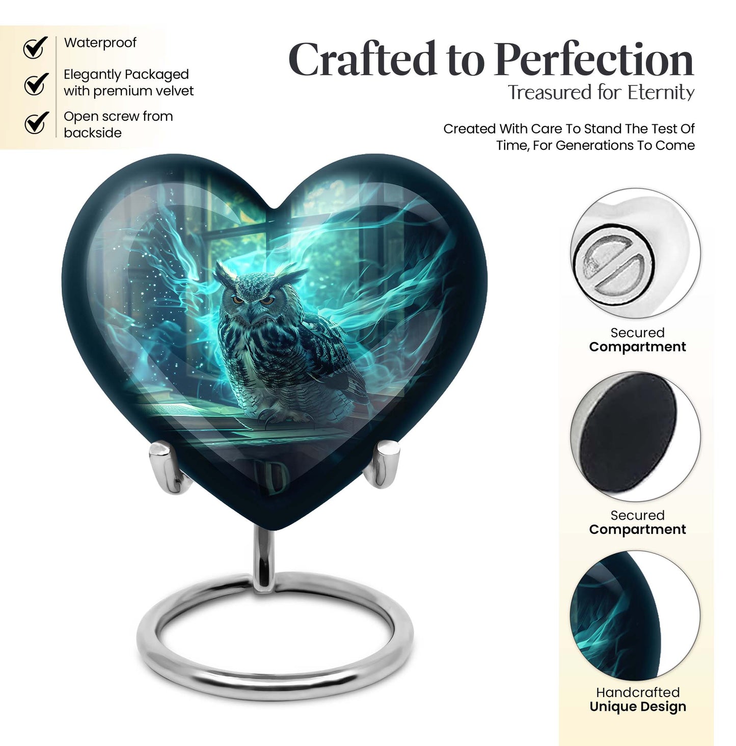 10-inch heart design owl urn, large cremation urn