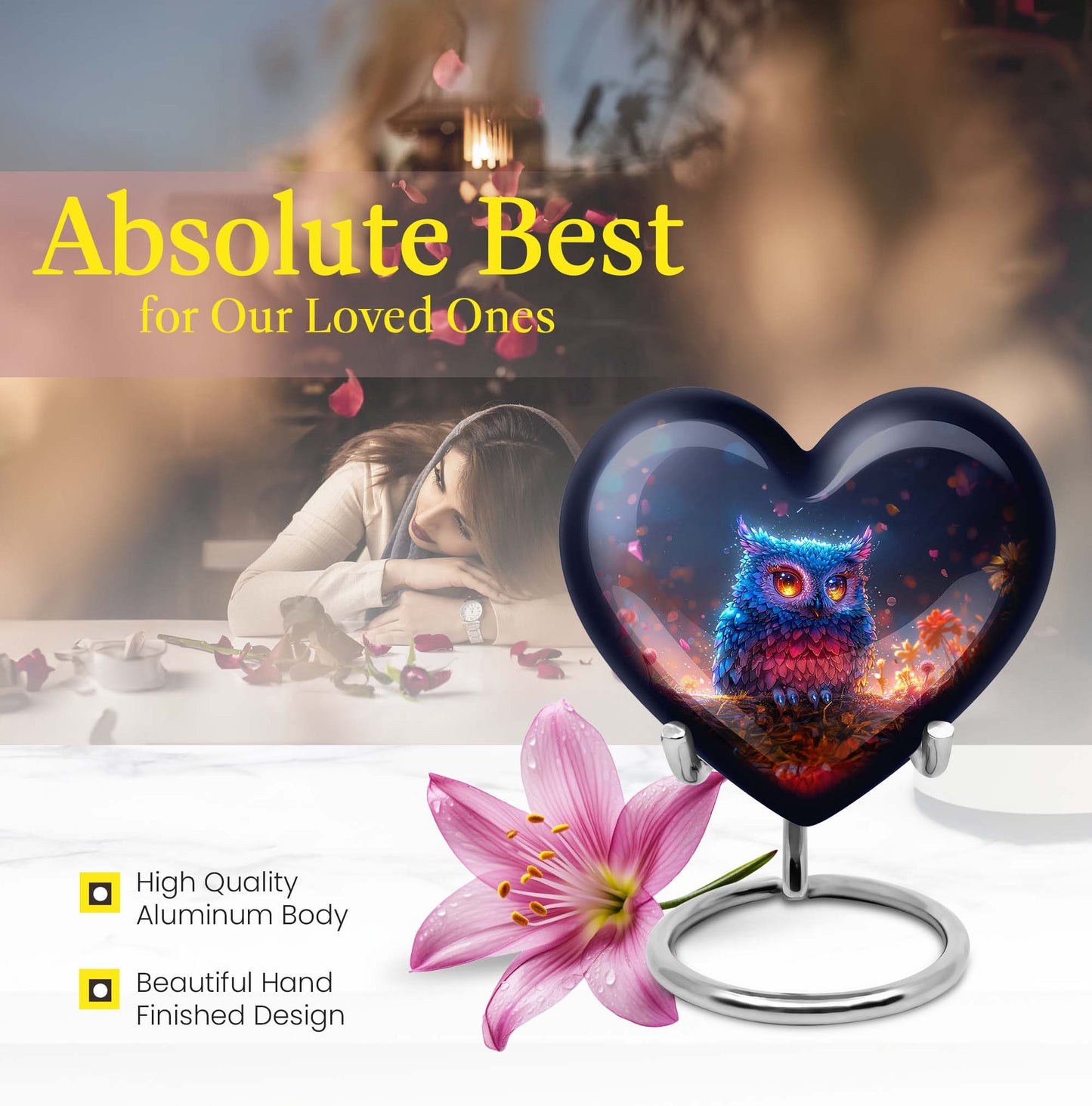 heart-shaped owl urn for adult male's ashes