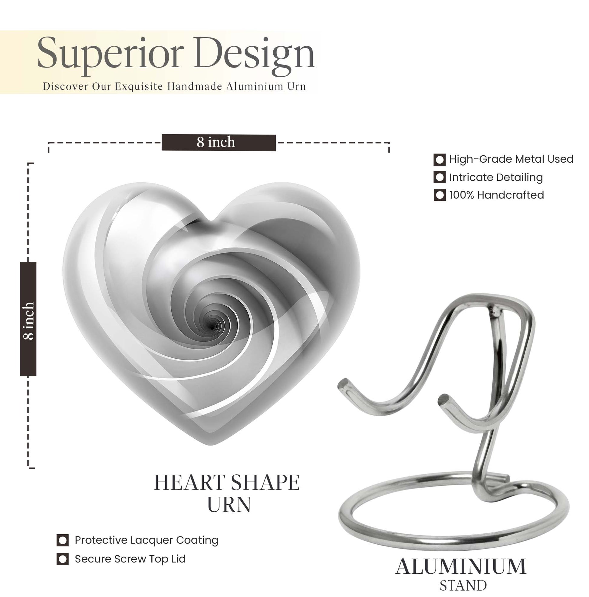 10-inch heart-shaped spiral cremation urn in abstract design with optional personalization