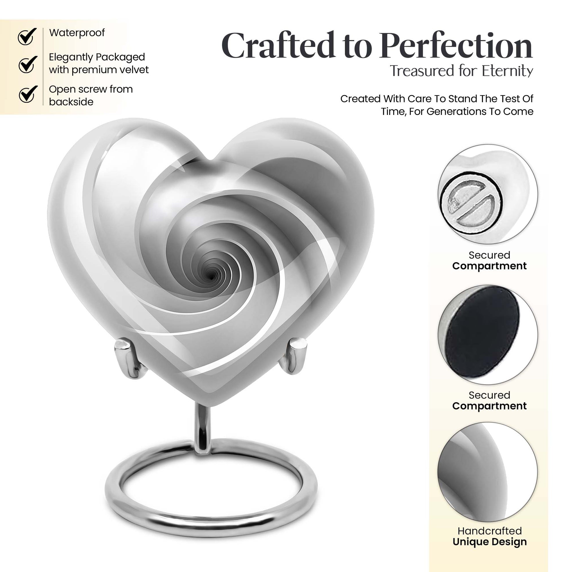 10-inch heart-shaped spiral cremation urn in abstract design with optional personalization