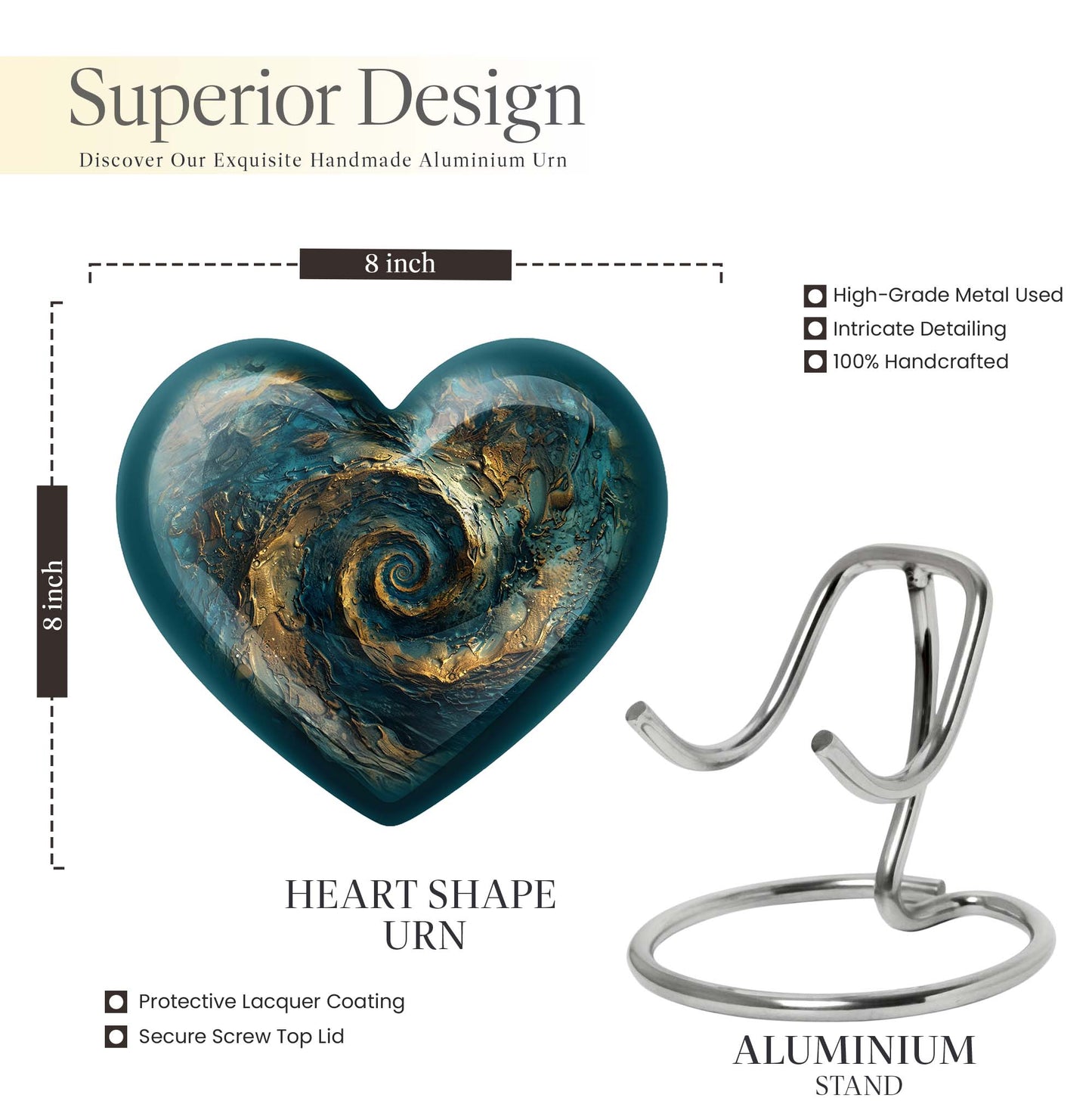 10-inch spiral and heart-shaped cremation urn for women