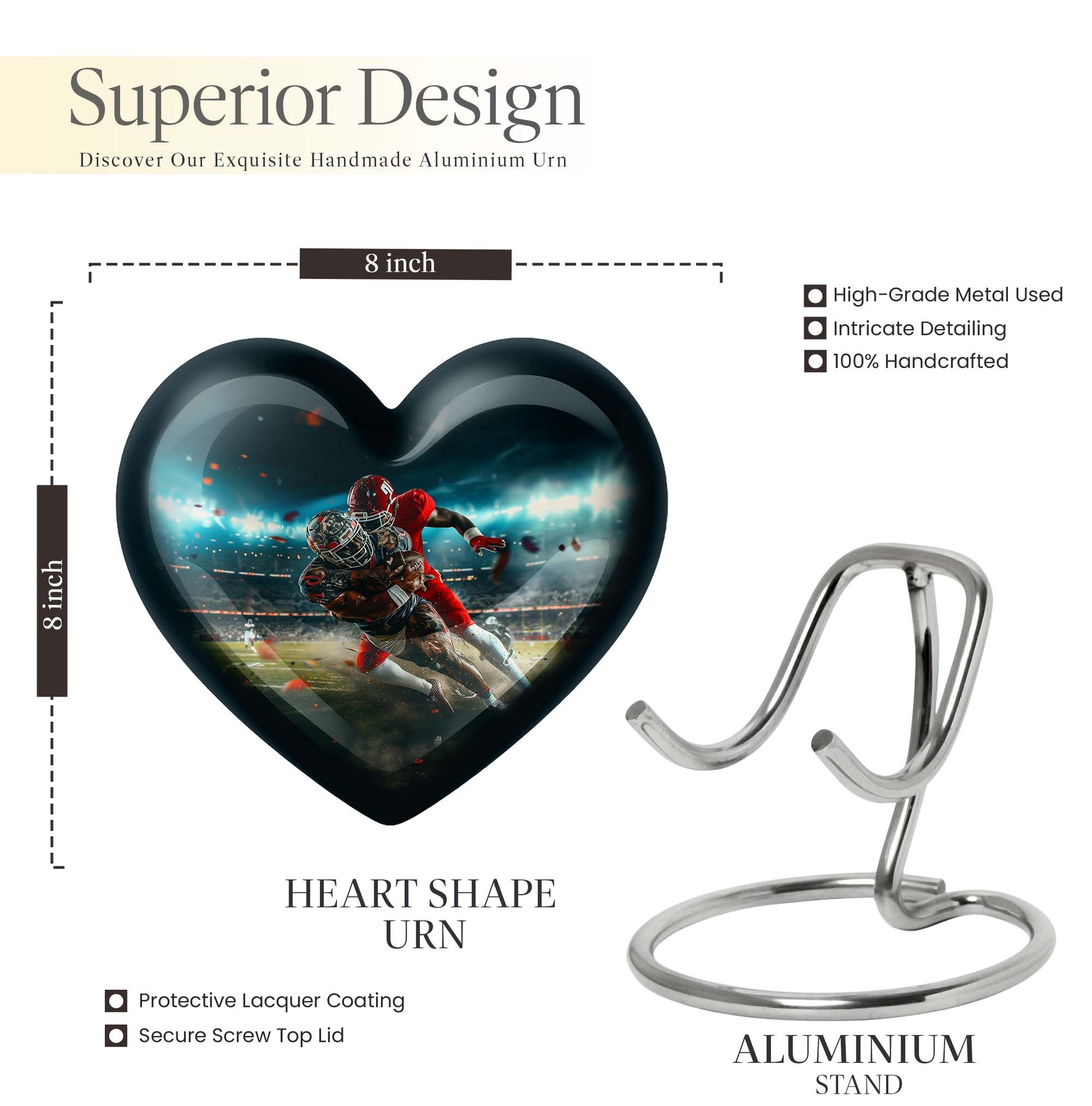 10-inch heart-shaped football urn, aluminium cremation urn for adult female ashes