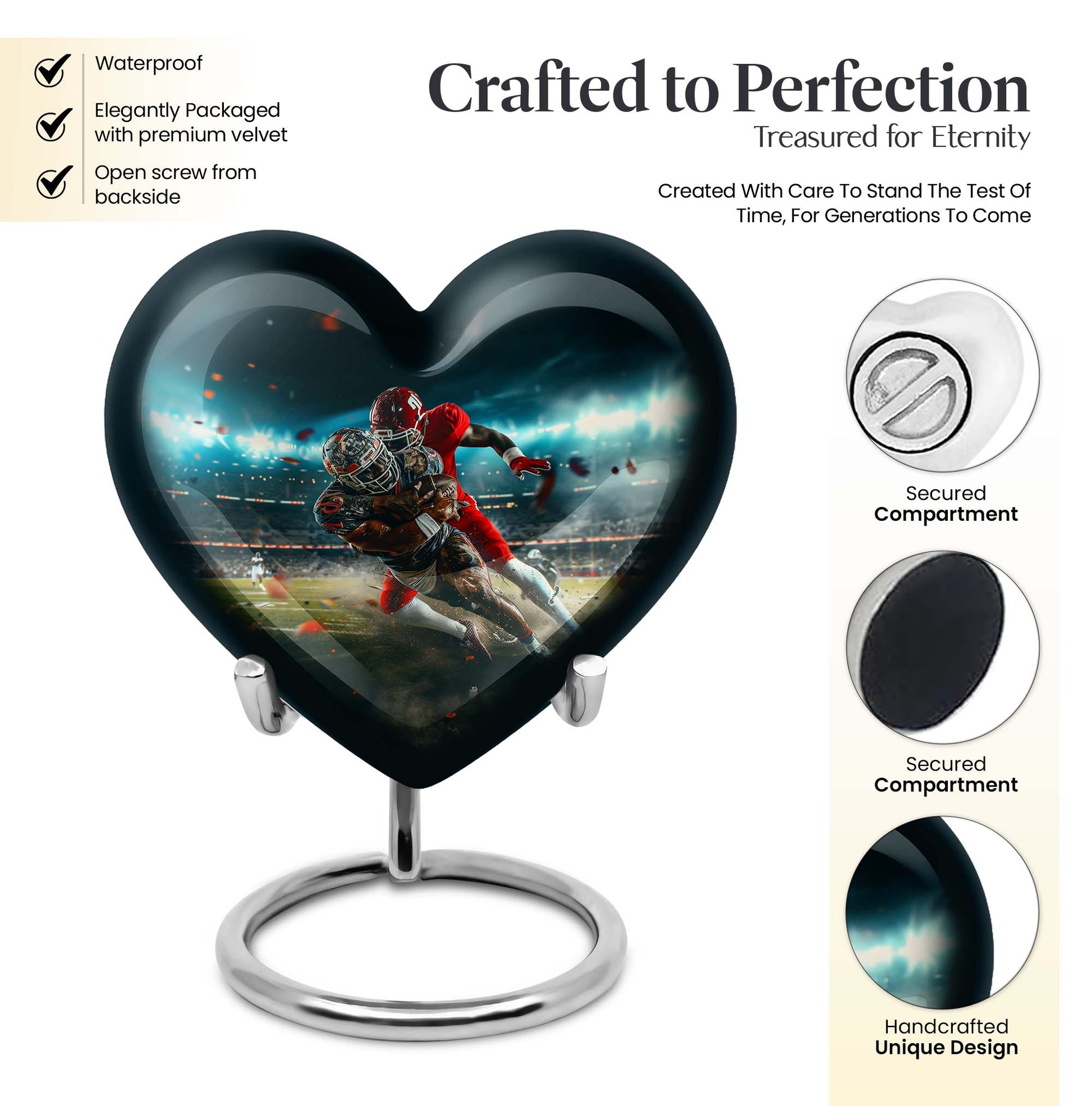 10-inch heart-shaped football urn, aluminium cremation urn for adult female ashes
