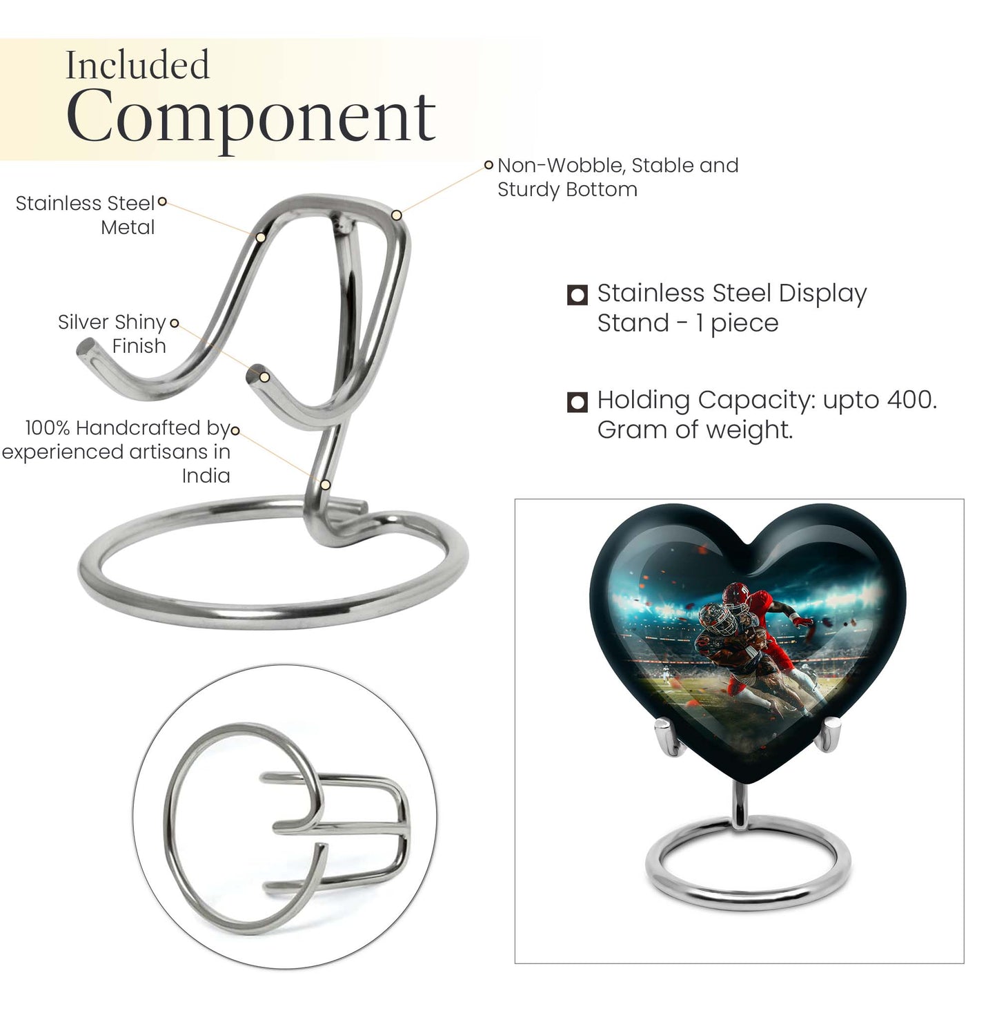 10-inch heart-shaped football urn, aluminium cremation urn for adult female ashes