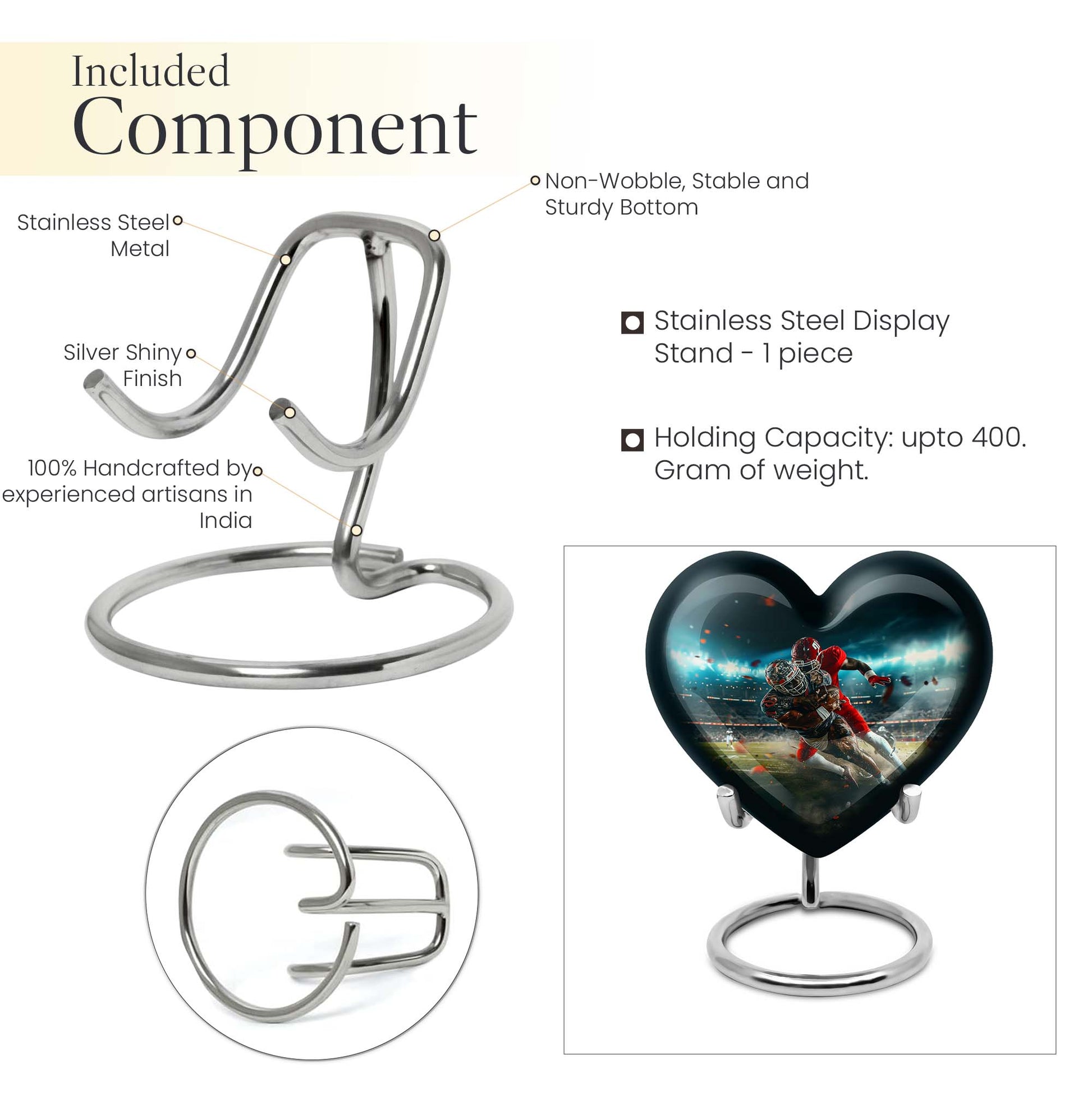 10-inch heart-shaped football urn, aluminium cremation urn for adult female ashes