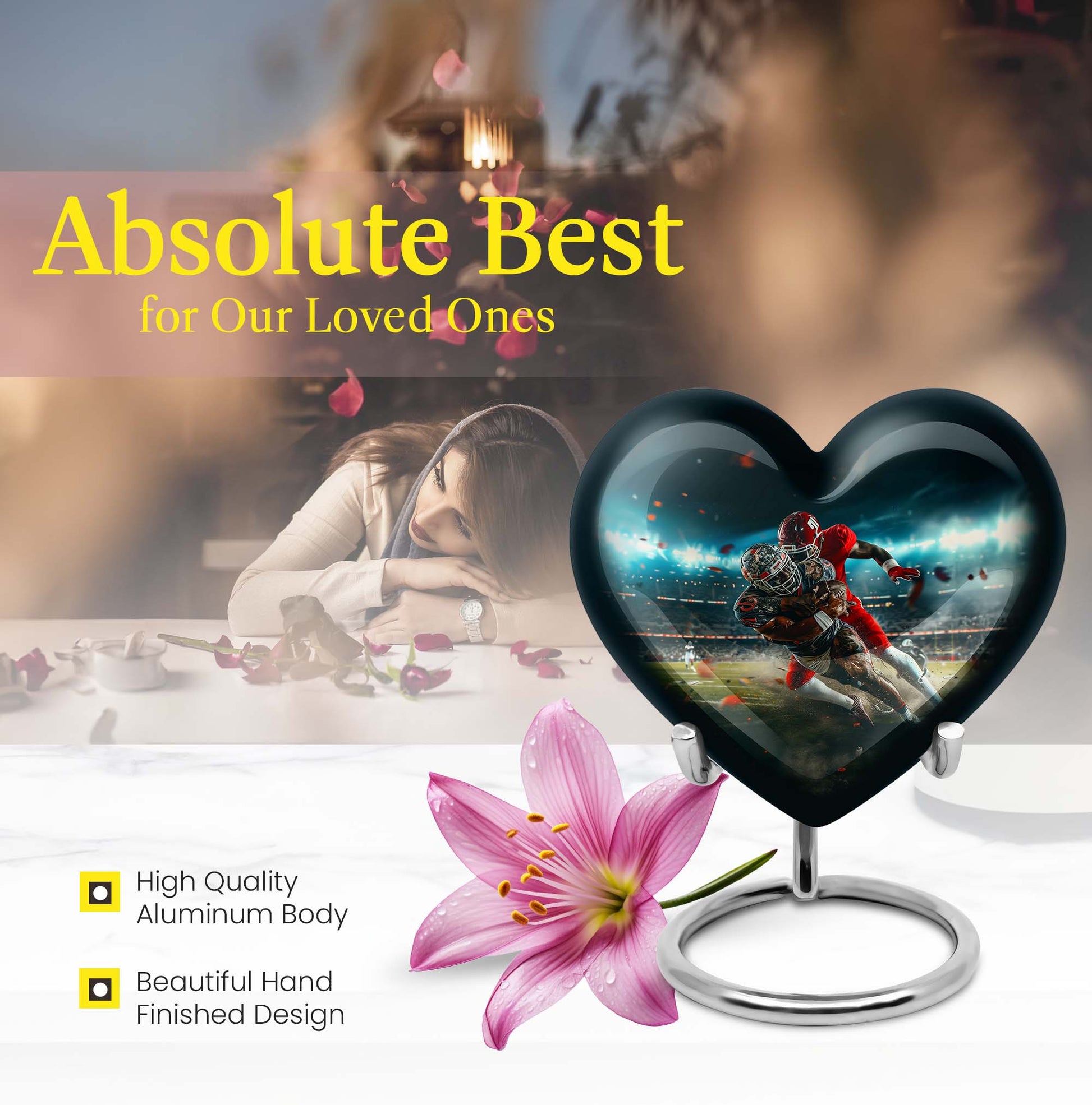10-inch heart-shaped football urn, aluminium cremation urn for adult female ashes