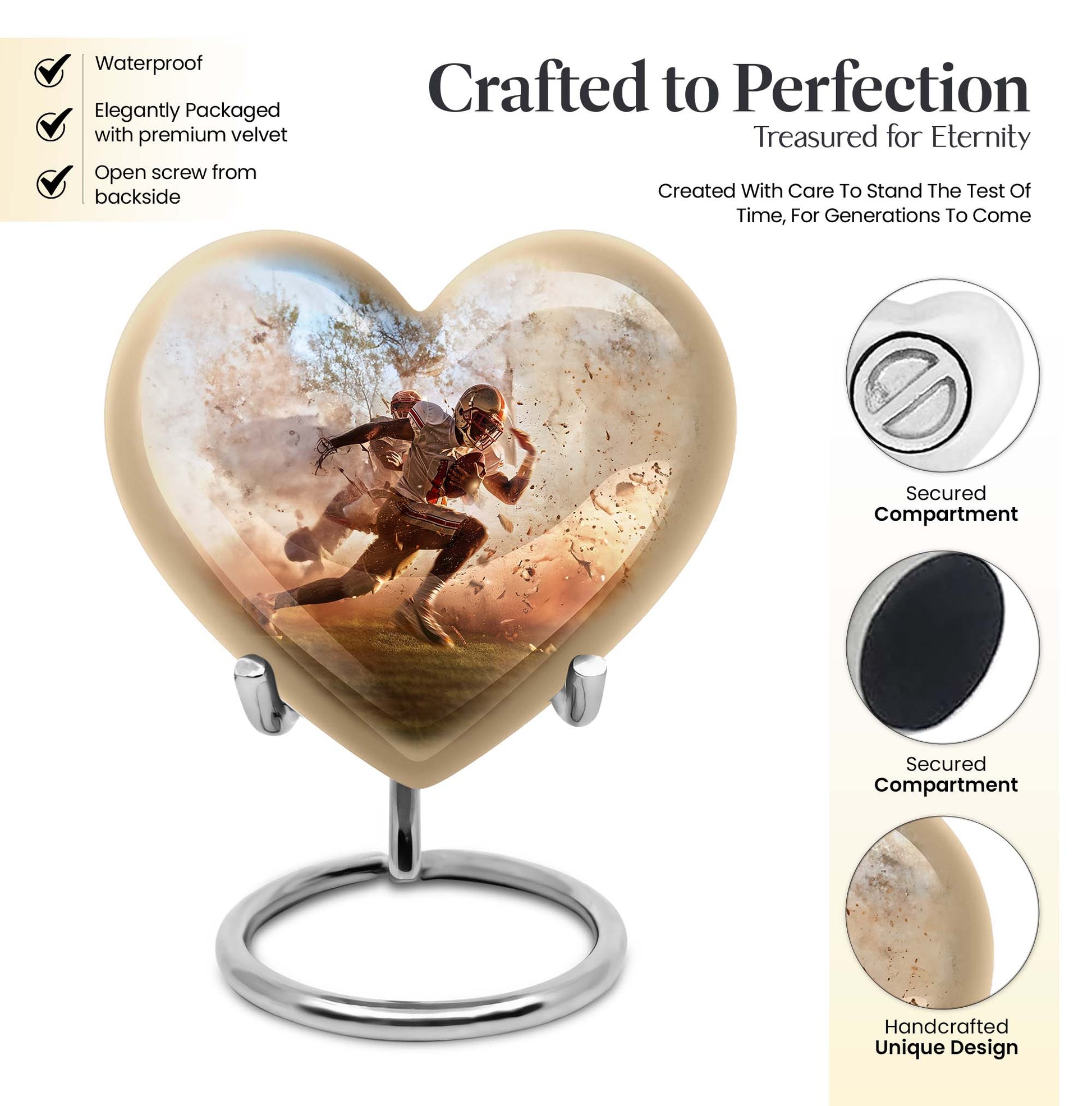 Heart-shaped, 10-inch football memorial urn