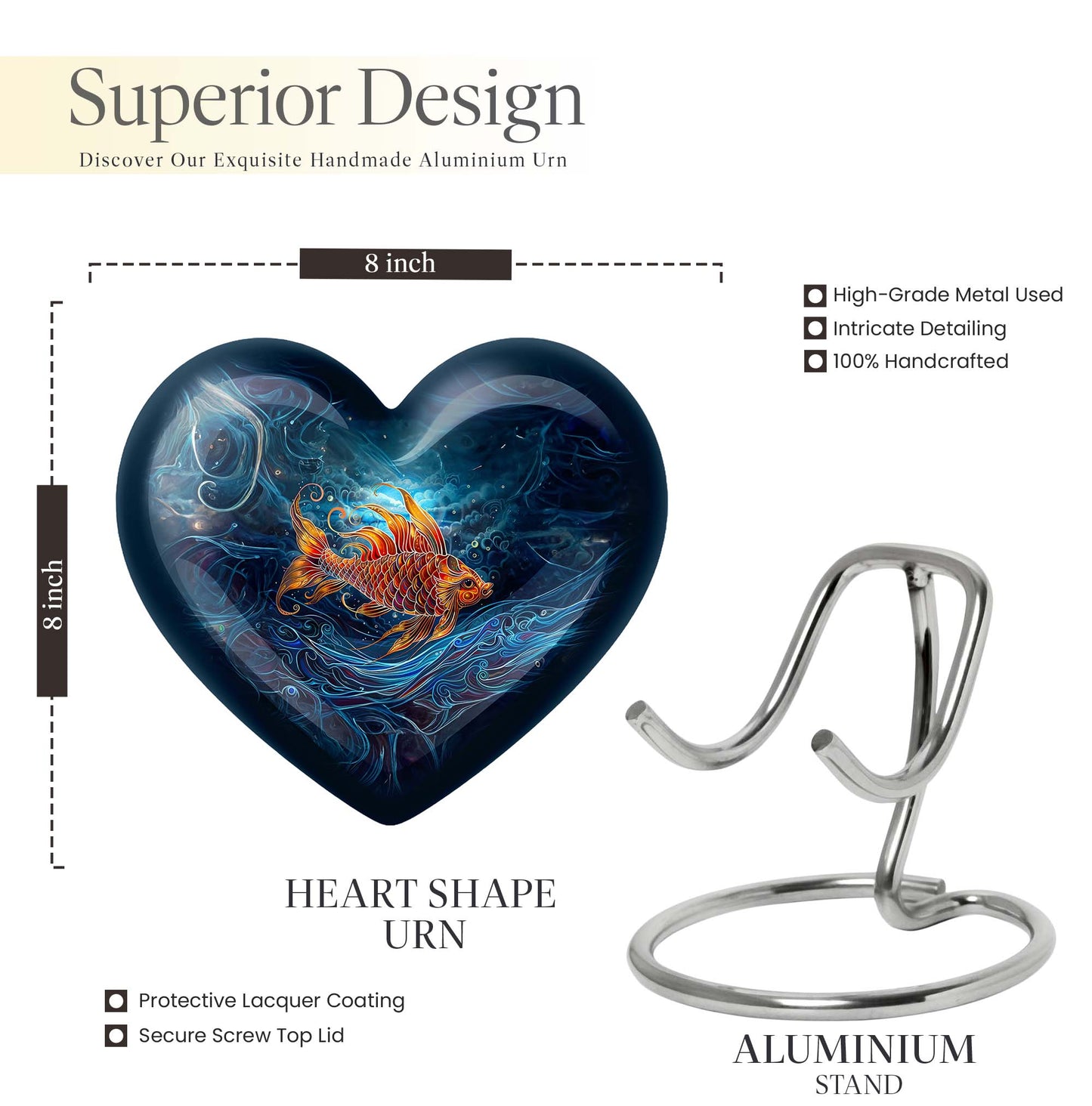 10 Inch heart shaped fish Urn
