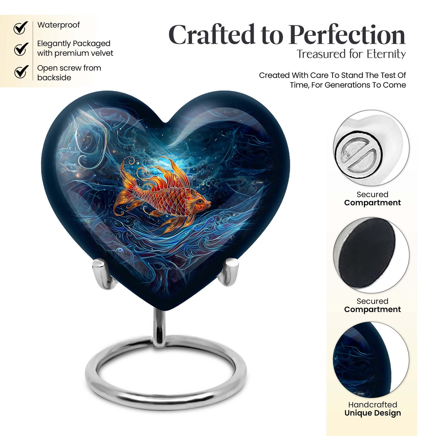 10 Inch heart shaped fish Urn
