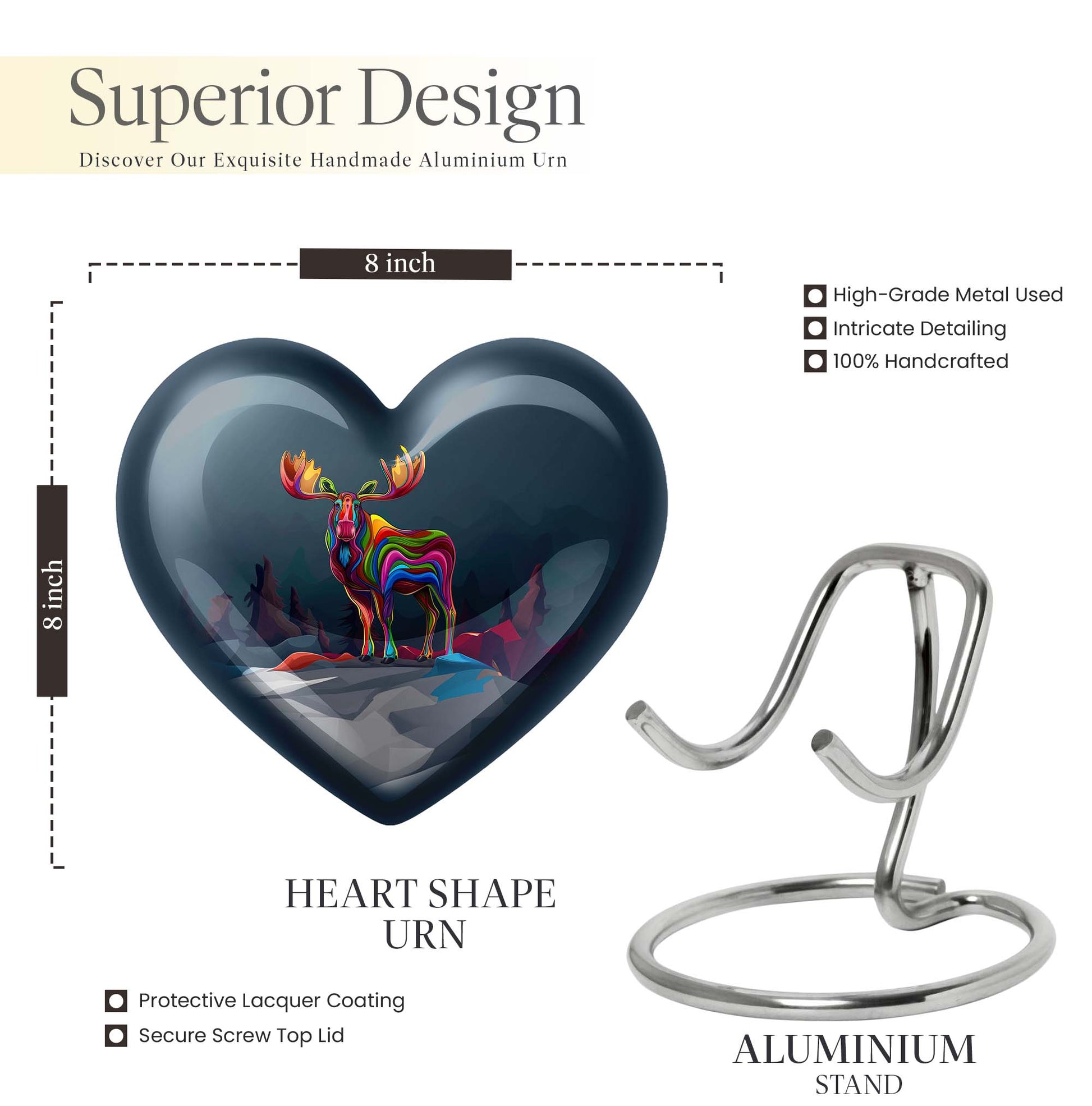  heart urn for ashes, moose walking themed memorial 