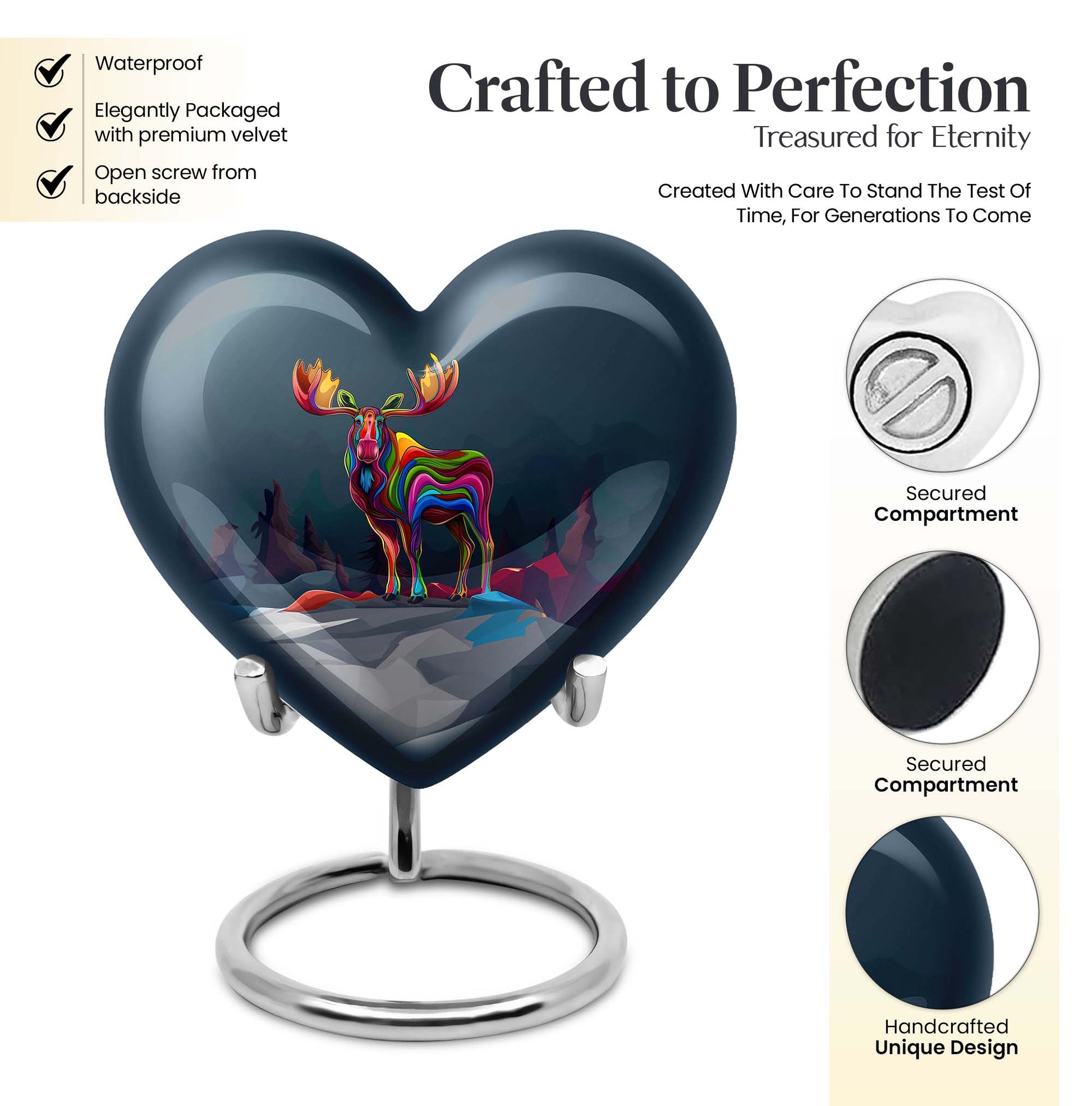  heart urn for ashes, moose walking themed memorial 