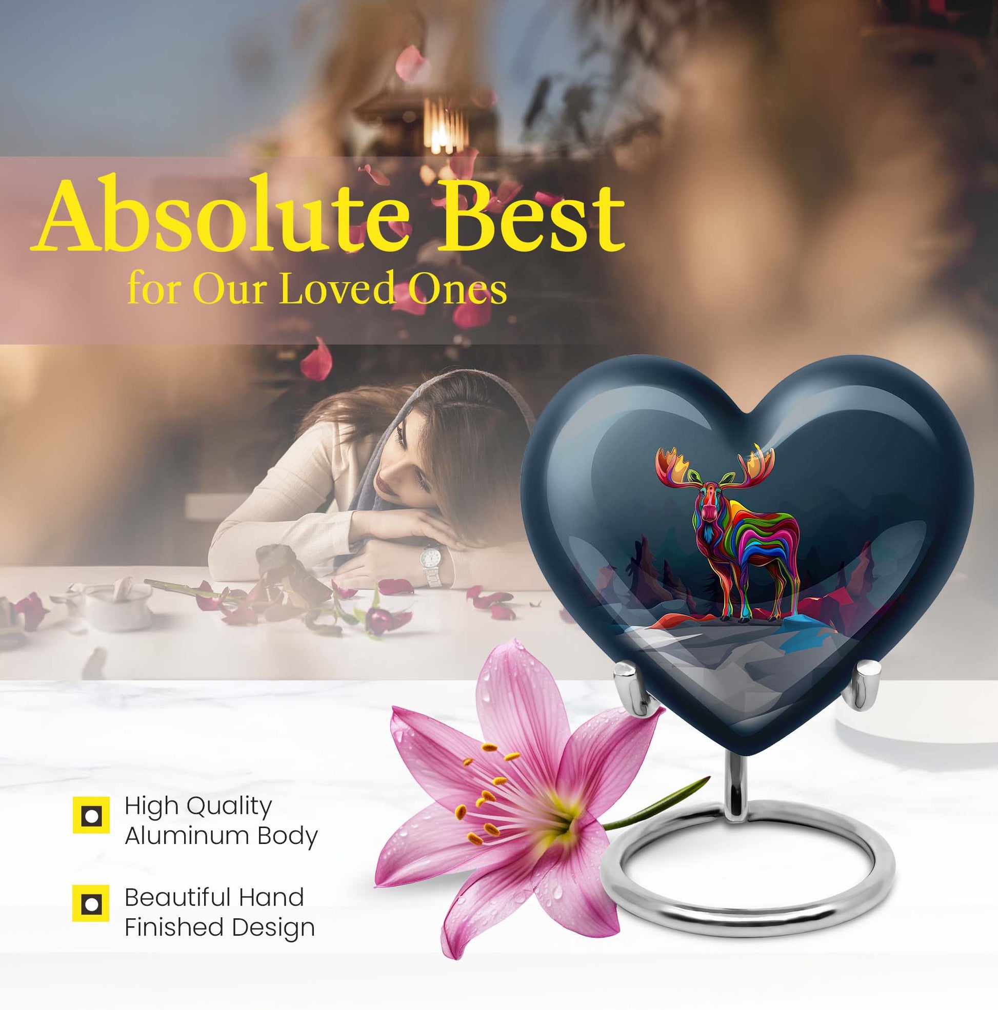  heart urn for ashes, moose walking themed memorial 