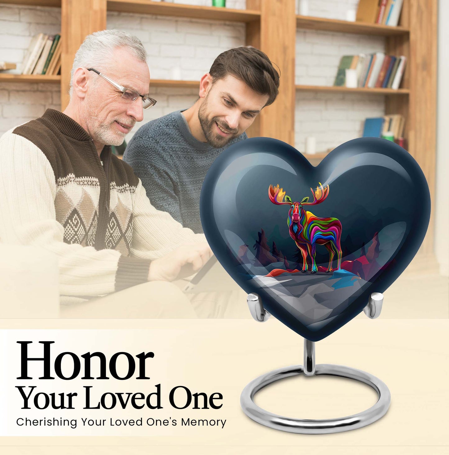  heart urn for ashes, moose walking themed memorial 