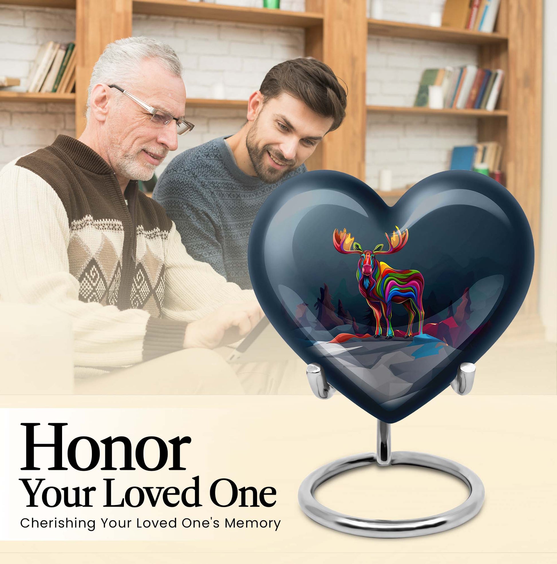  heart urn for ashes, moose walking themed memorial 
