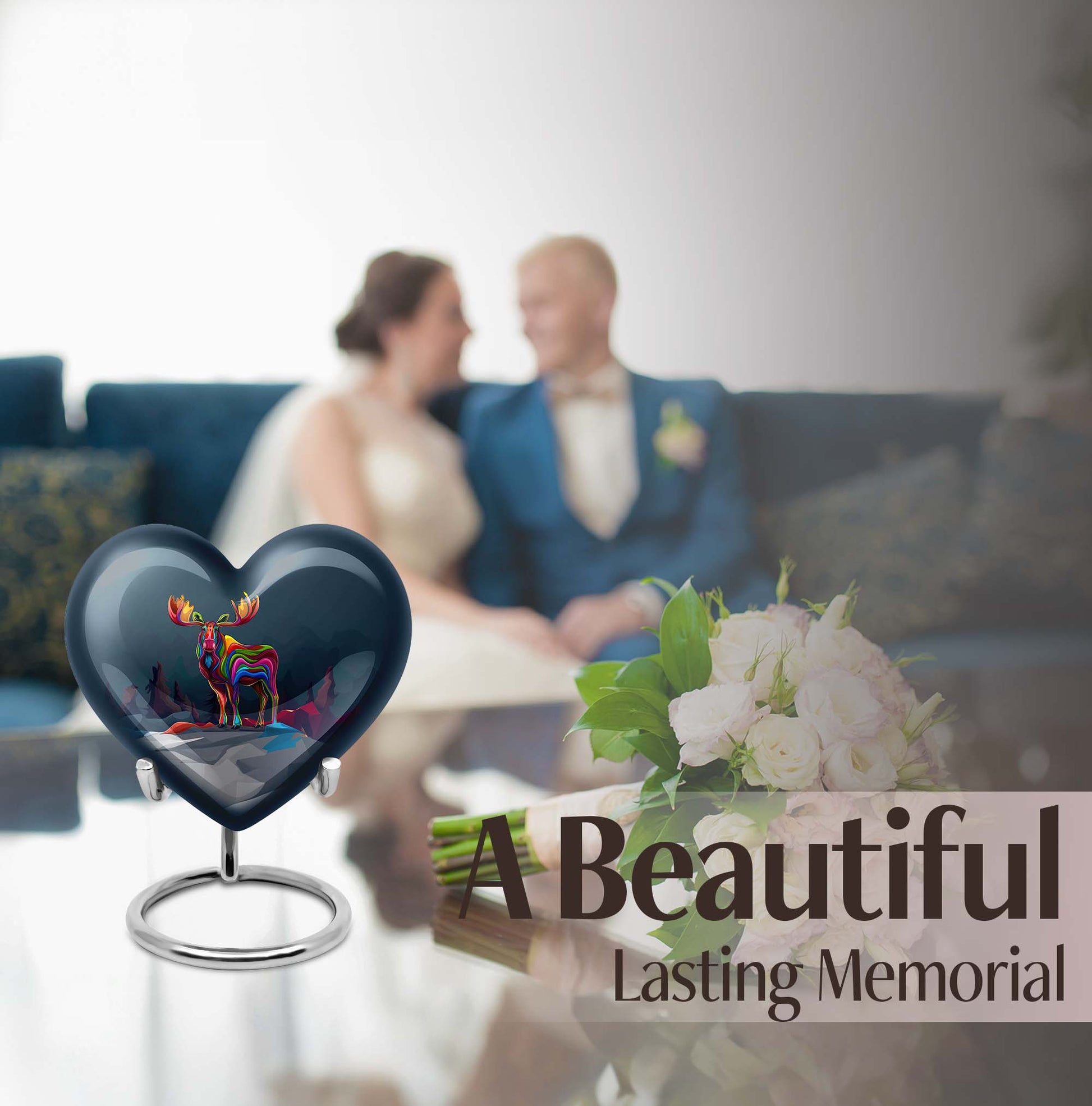  heart urn for ashes, moose walking themed memorial 